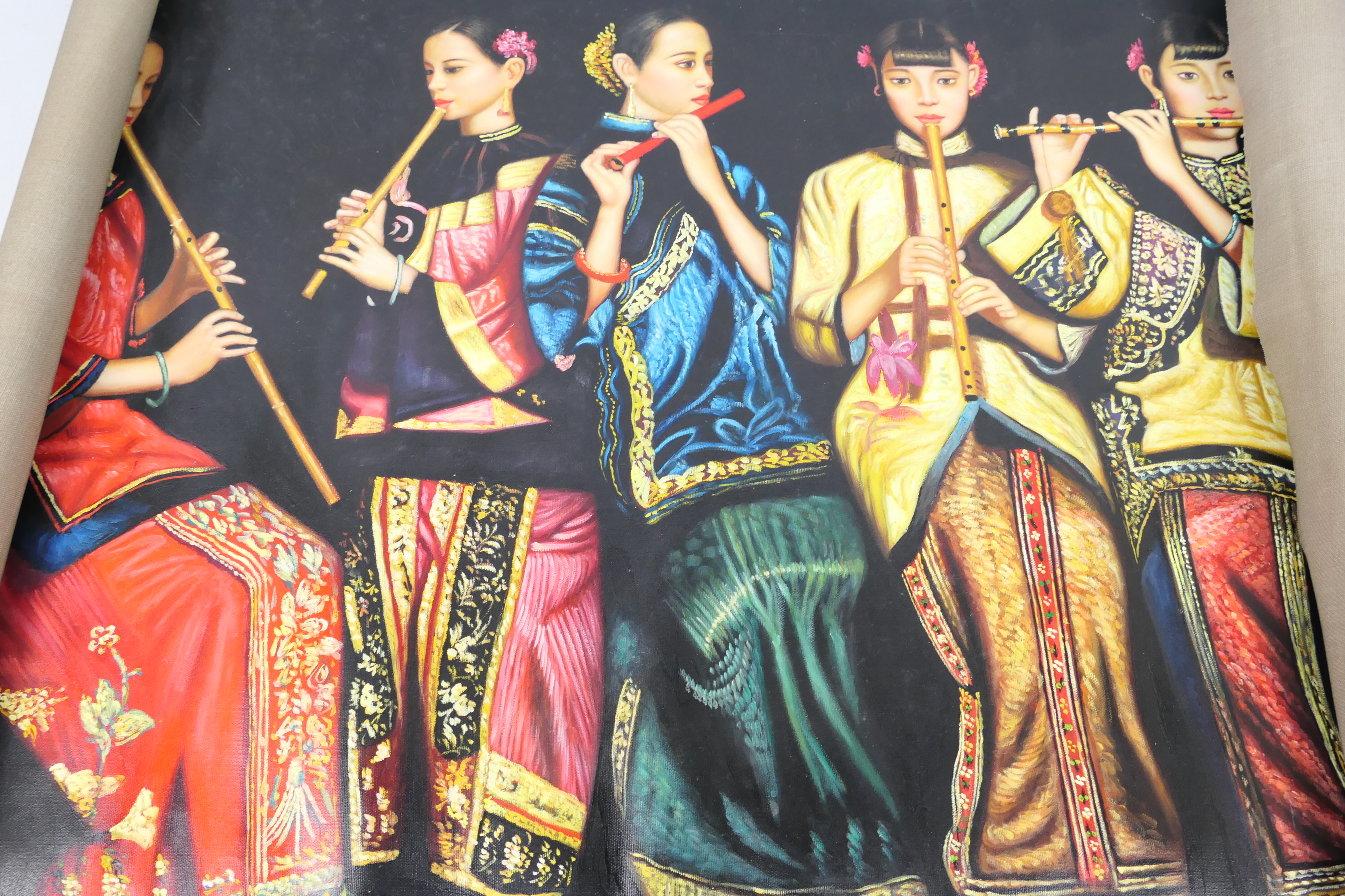 An Oriental silk parasol and an Oriental painting depicting musicians. - Image 6 of 7