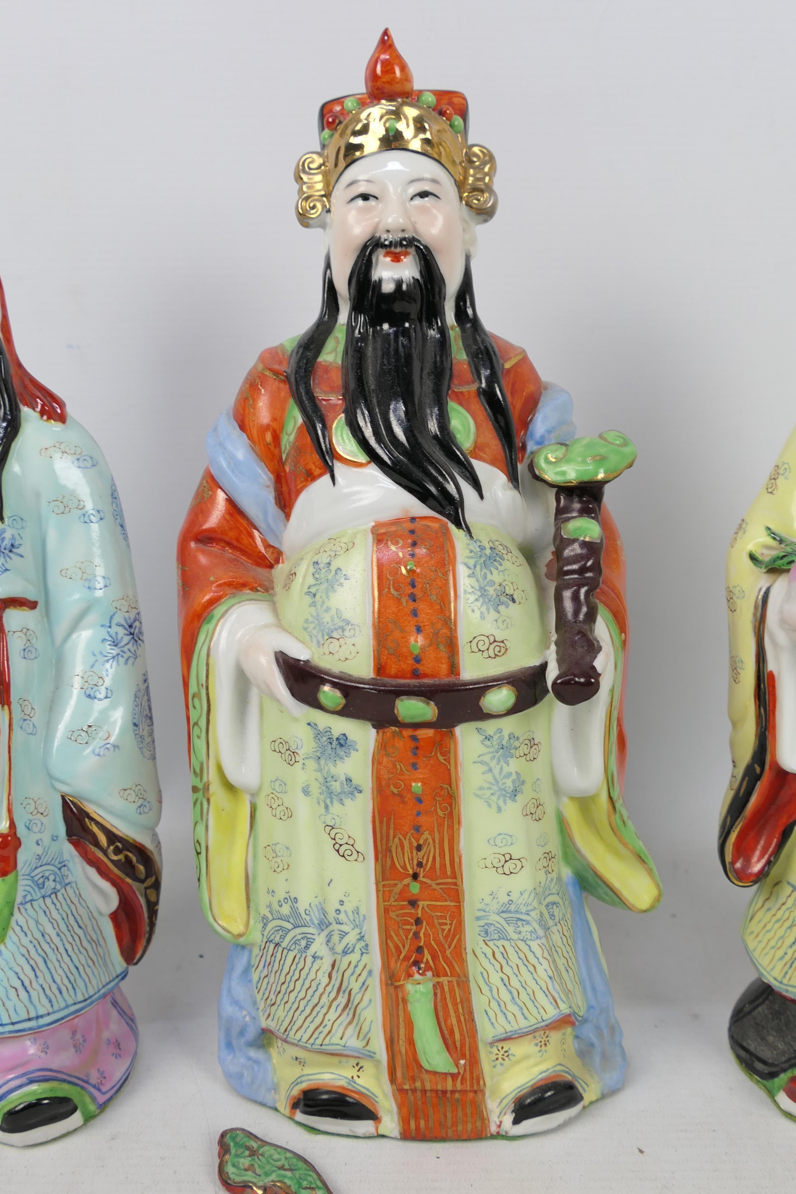 Sanxing - Three ceramic figures depicting the deities Fu, Lu and Shou, - Image 3 of 6