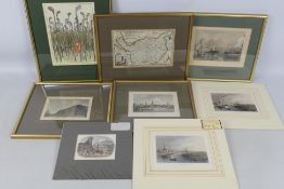 A collection of engravings, predominantly framed to include map of Cheshire,