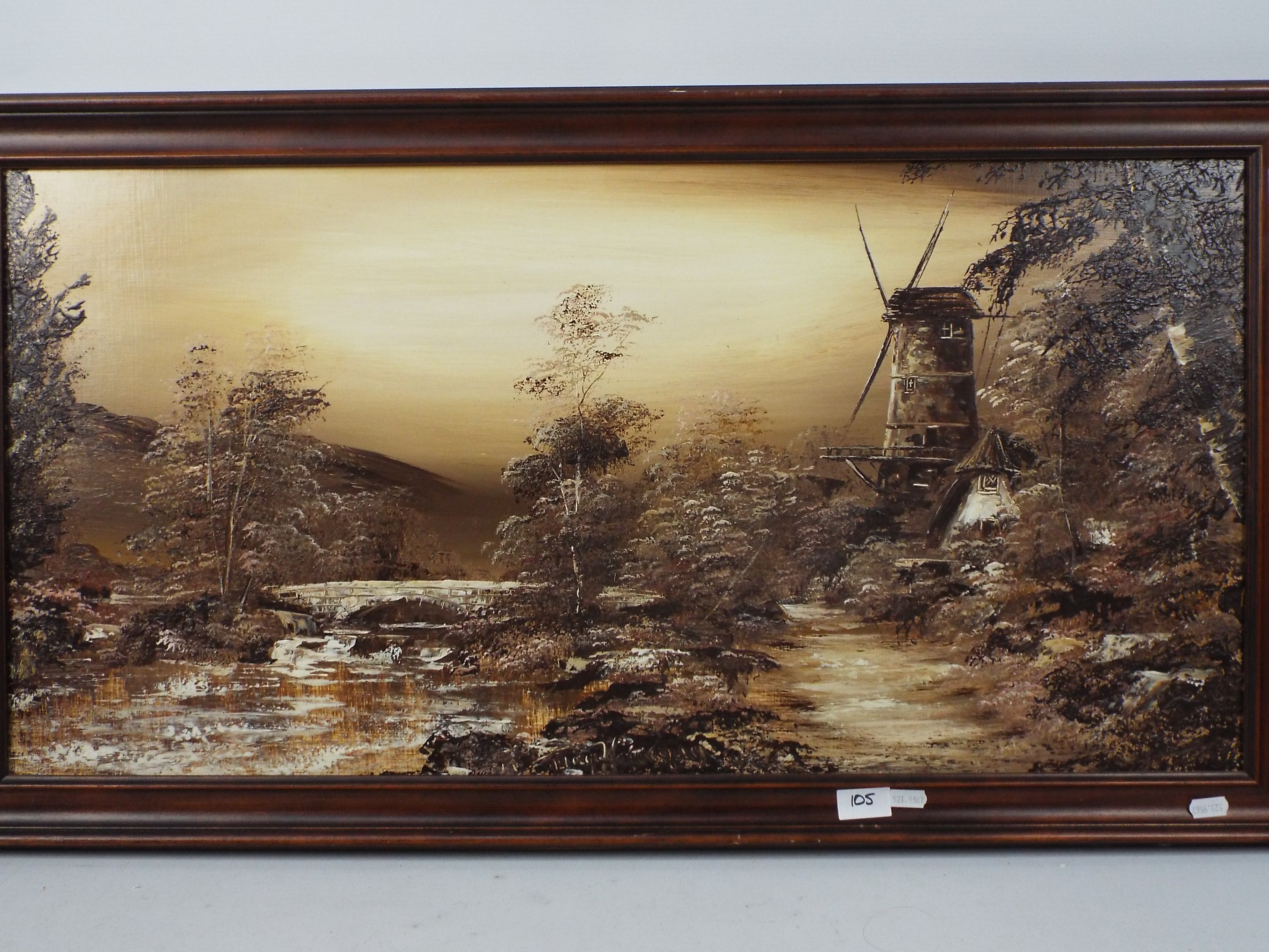 A framed oil on board landscape scene depicting a windmill by a path alongside a river, - Image 2 of 2