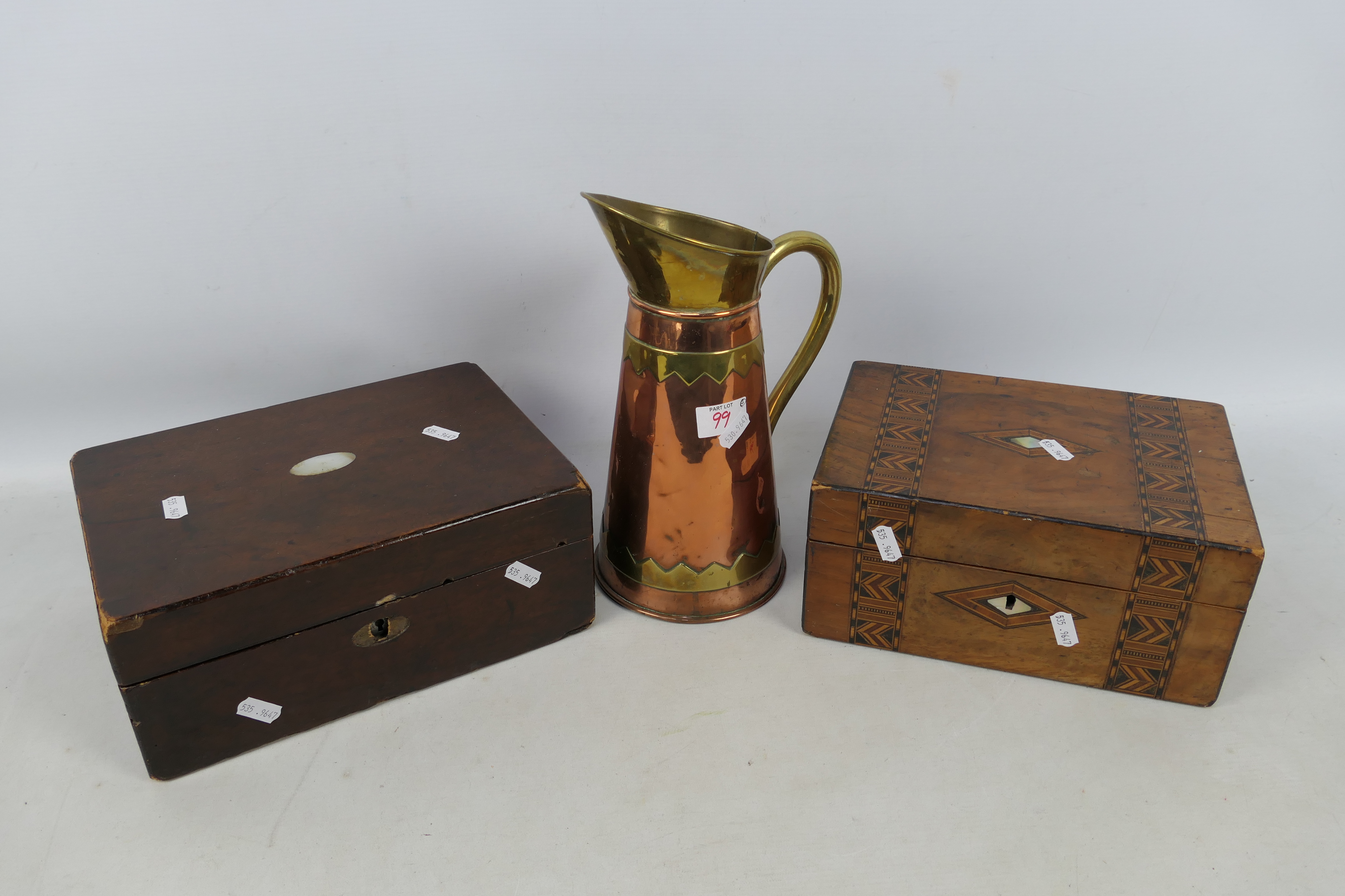 Two vintage hinge lid work boxes and a brass and copper jug 28 cm (h).