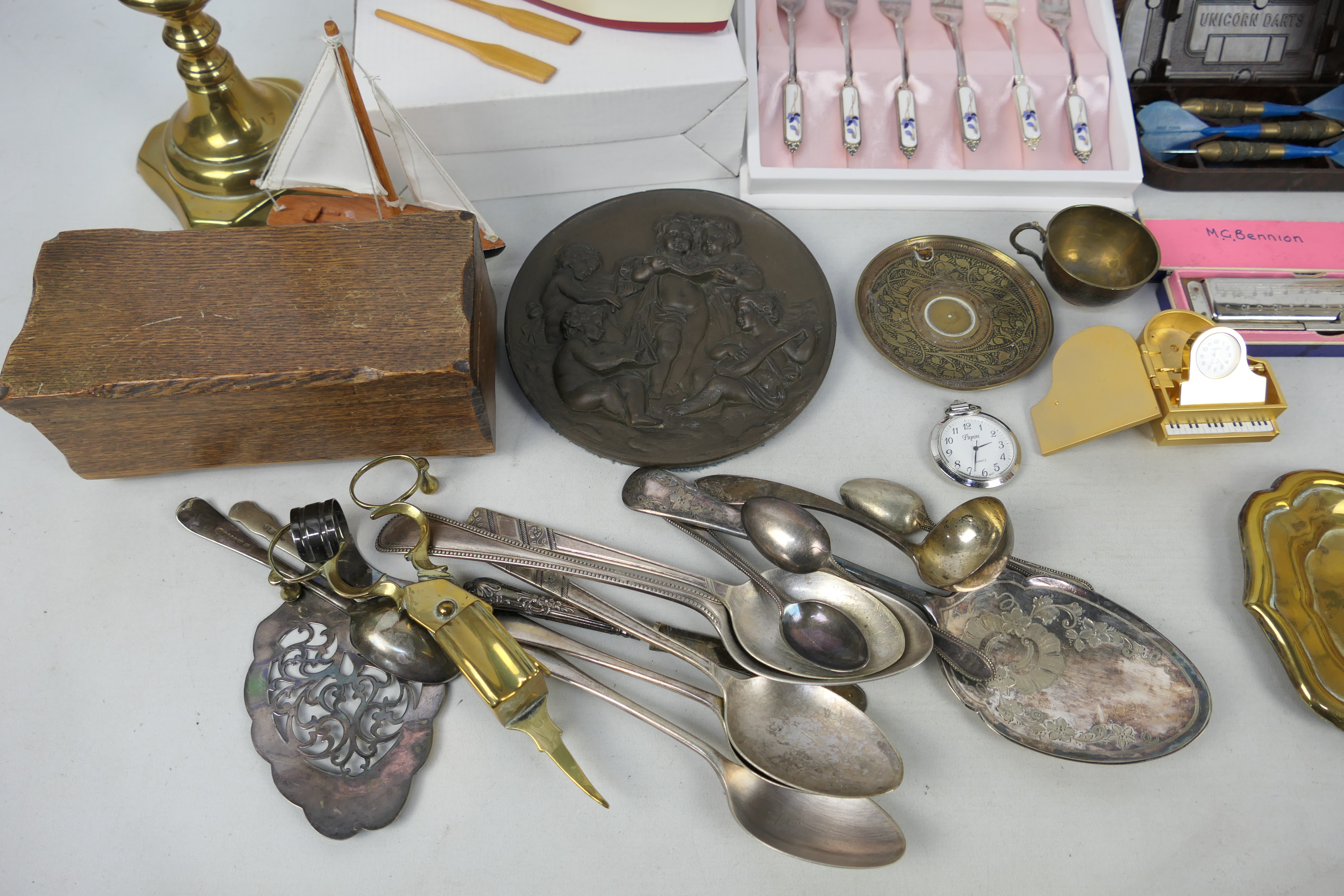 A mixed lot to include brass ware and plated, framed pictures, vintage darts, harmonica and other. - Image 2 of 5