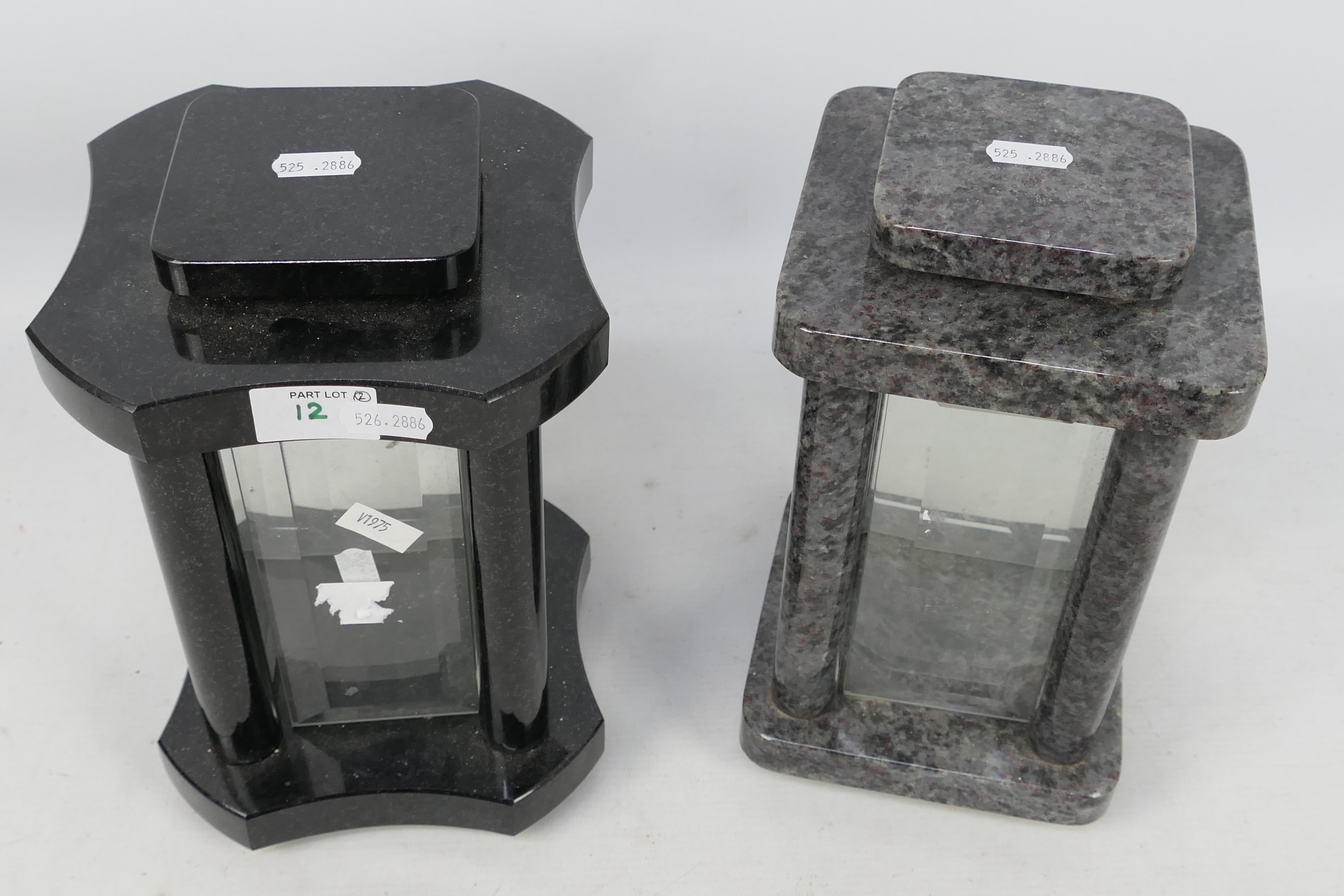 Two hardstone framed candle lanterns, each with four bevelled glass panes, approximately 25 cm (h). - Image 2 of 3
