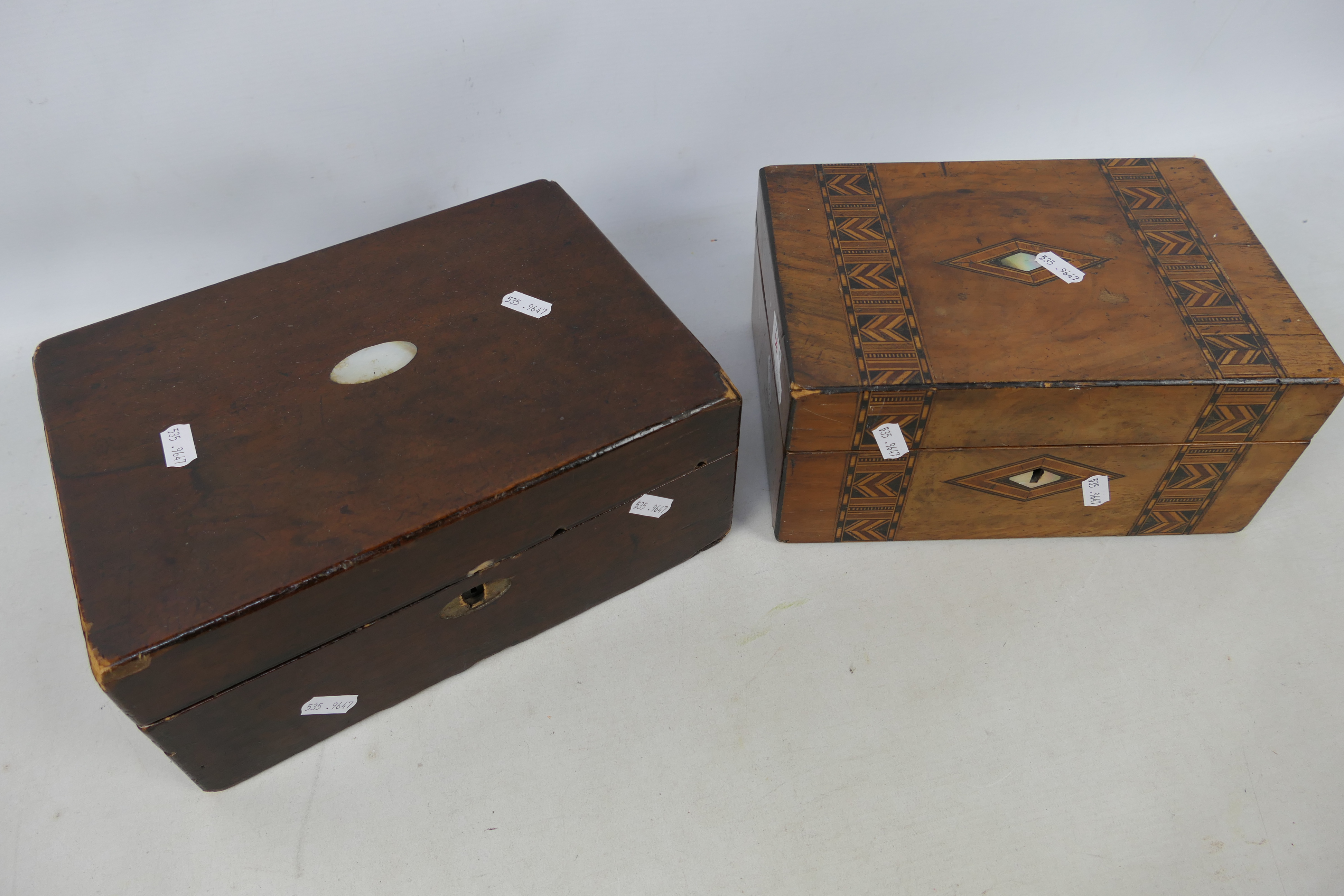 Two vintage hinge lid work boxes and a brass and copper jug 28 cm (h). - Image 2 of 5