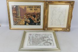 A framed Labour Party poster and two framed maps one depicting the canal from Manchester to Runcorn,