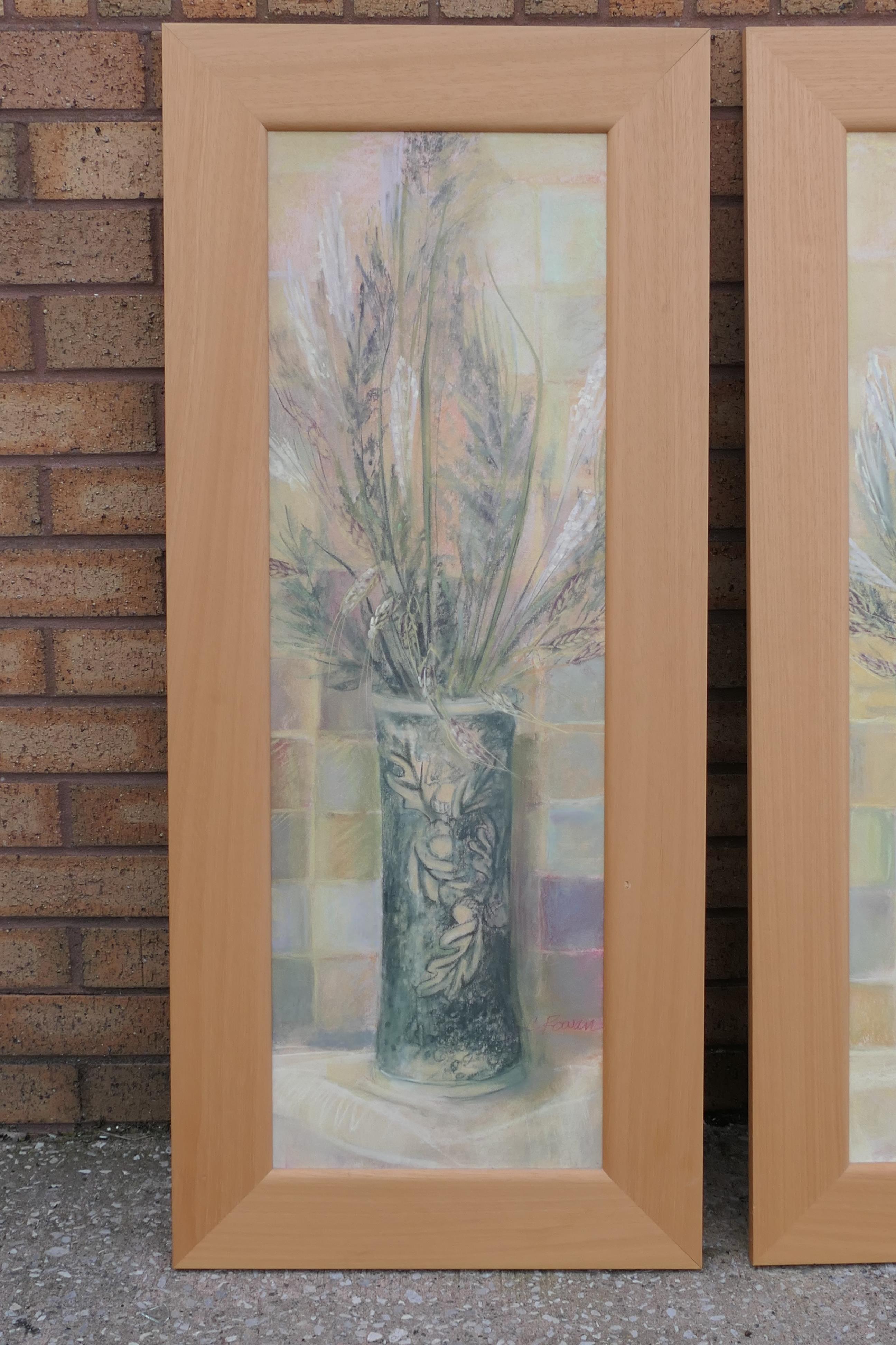 A set of two beech framed prints, each a floral still life, approximately 90 cm x 29 cm image size. - Image 2 of 5