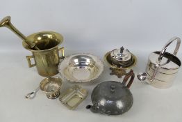 A collection of metal ware, brass, pewter and plated.