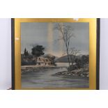 Framed painting on fabric, landscape scene, 51 cm x 52 cm image size.