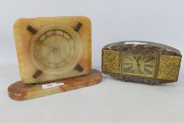 A French marble cased desk clock with metal mounts and one other, largest 17 cm (h).
