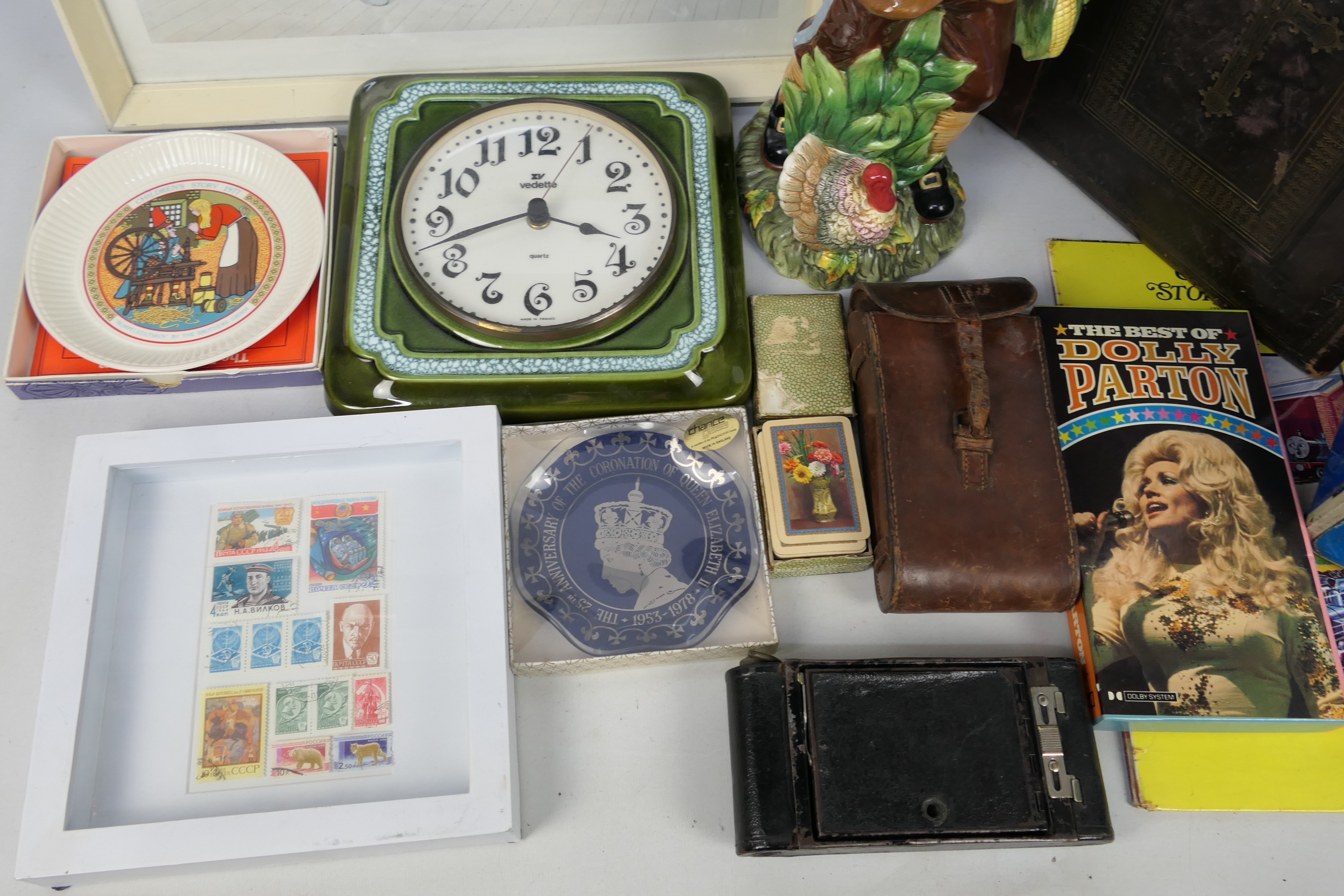 Lot to include a Victorian family bible, camera, ceramic wall clock, playing cards and similar. - Image 3 of 4
