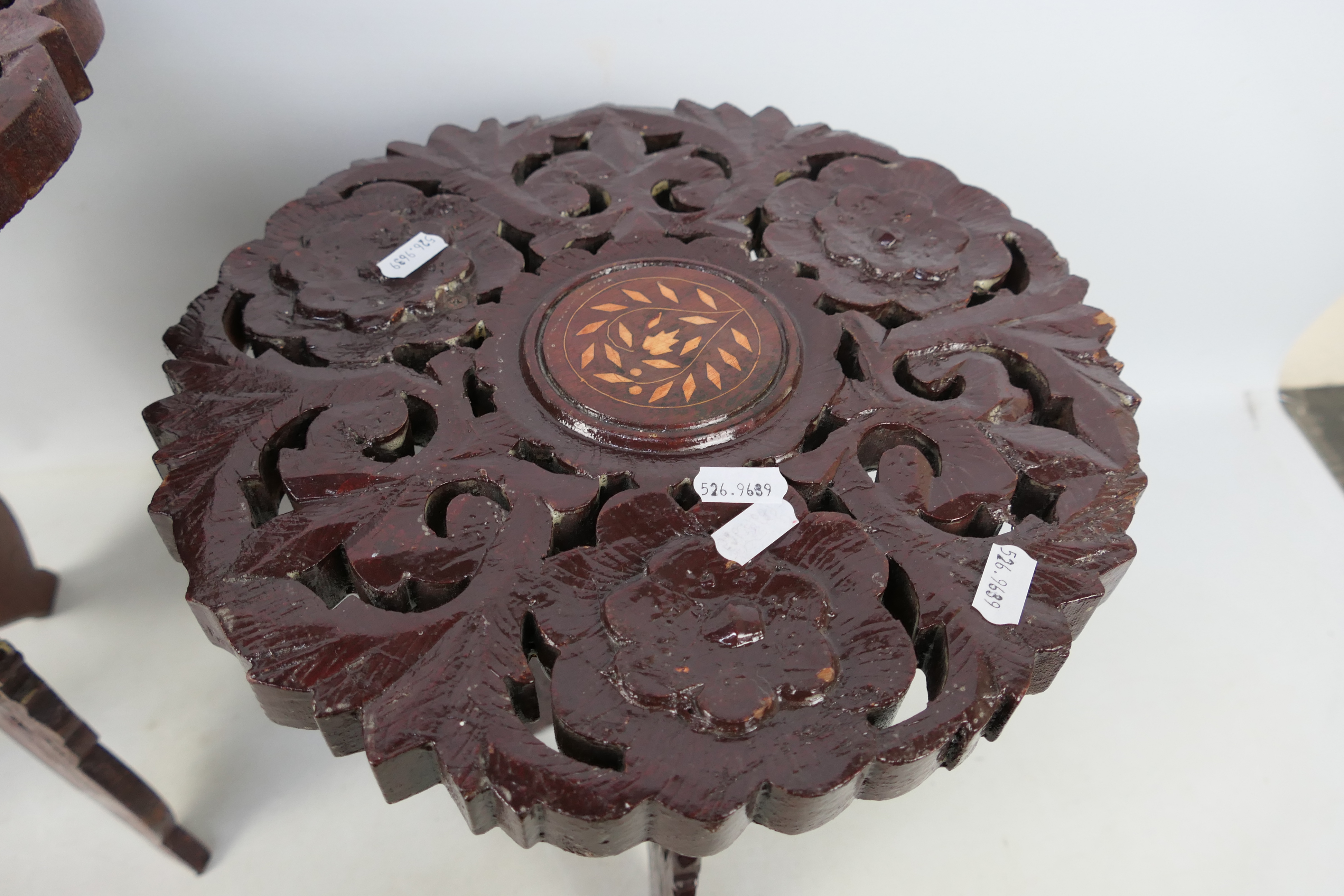 Two carved wood folding occasional tables, largest approximately 40 cm x 37 cm. - Image 3 of 3