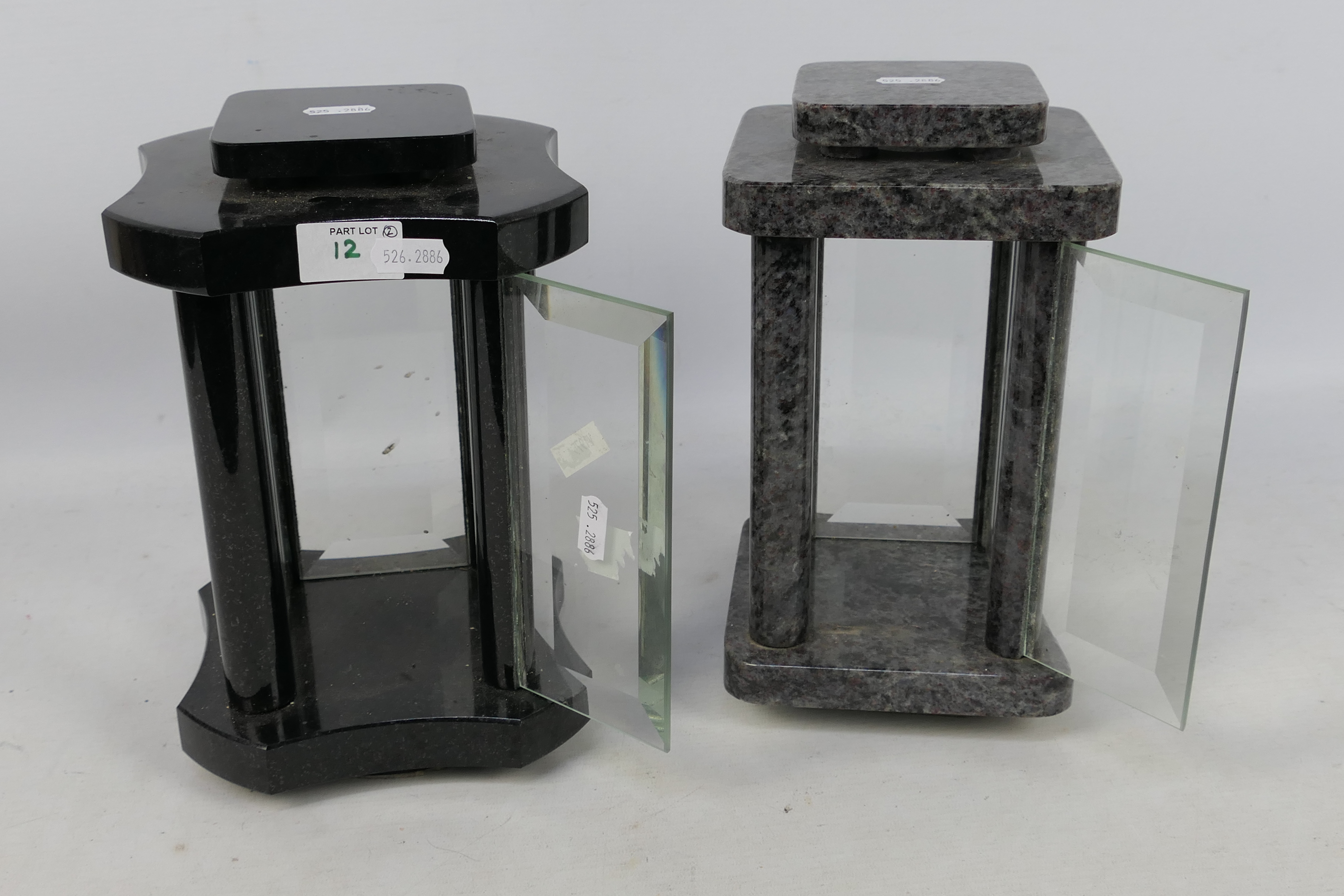 Two hardstone framed candle lanterns, each with four bevelled glass panes, approximately 25 cm (h). - Image 3 of 3