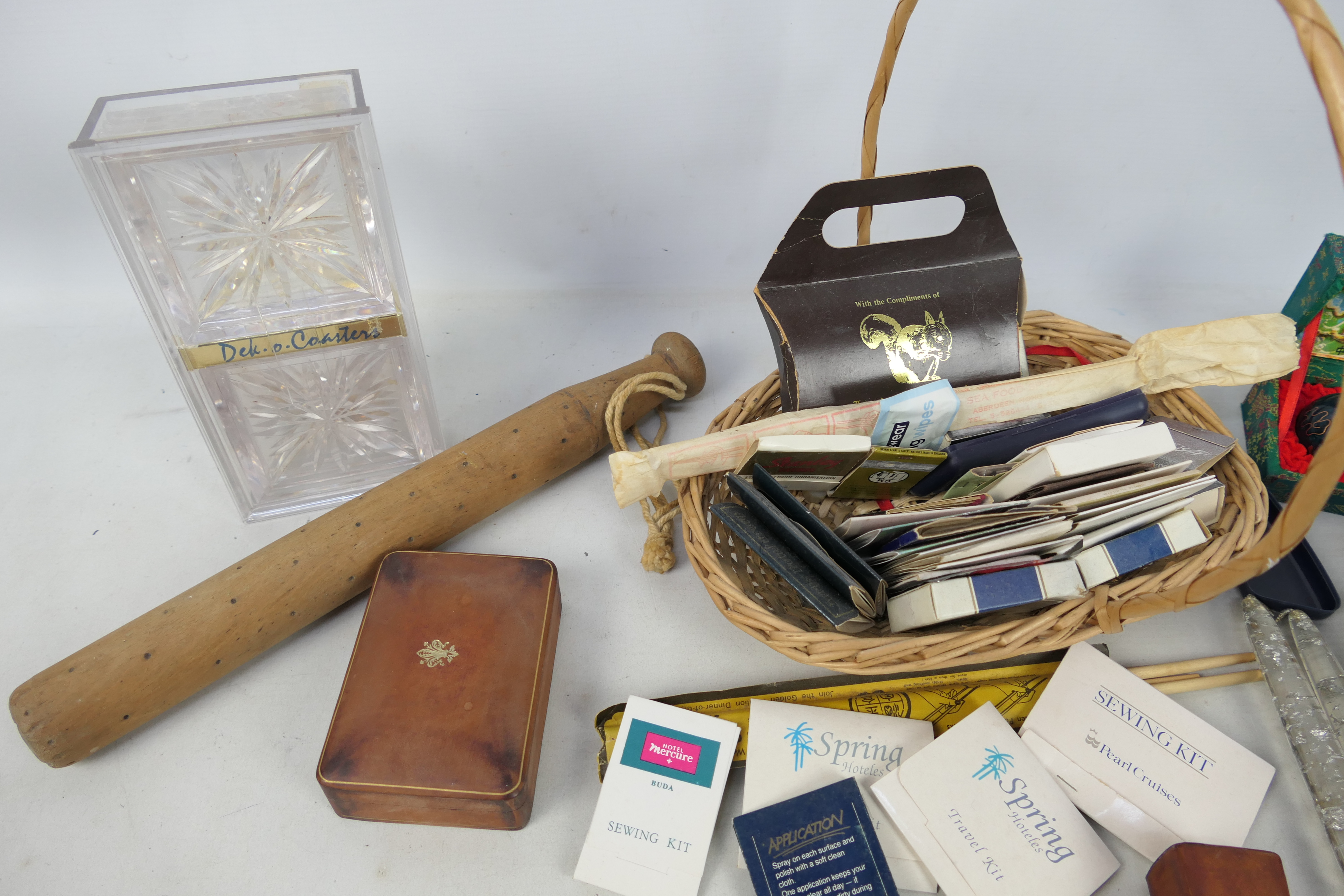 A collection of vintage match boxes / match books and a small wooden truncheon, 34 cm (l). - Image 2 of 3