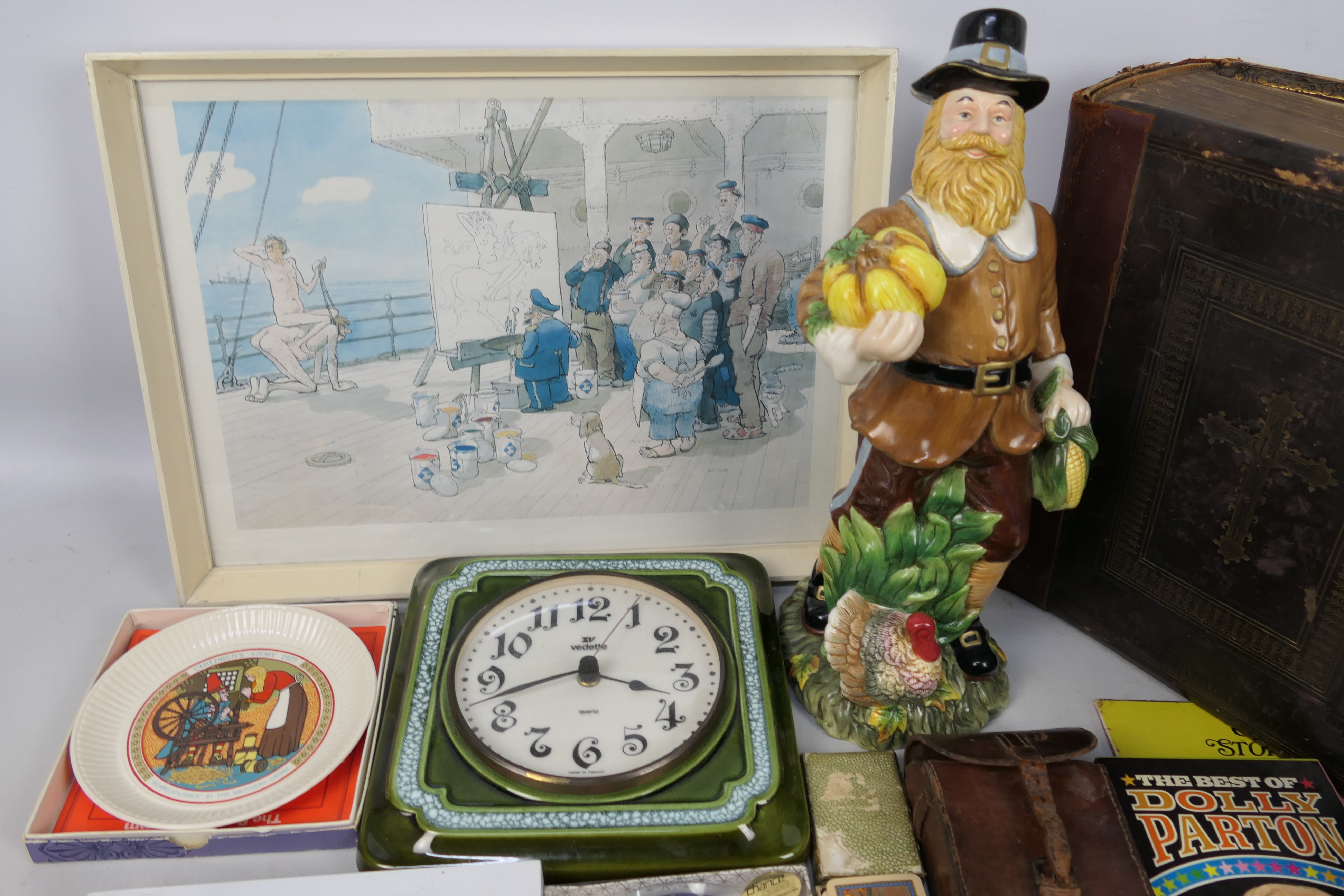 Lot to include a Victorian family bible, camera, ceramic wall clock, playing cards and similar. - Image 2 of 4