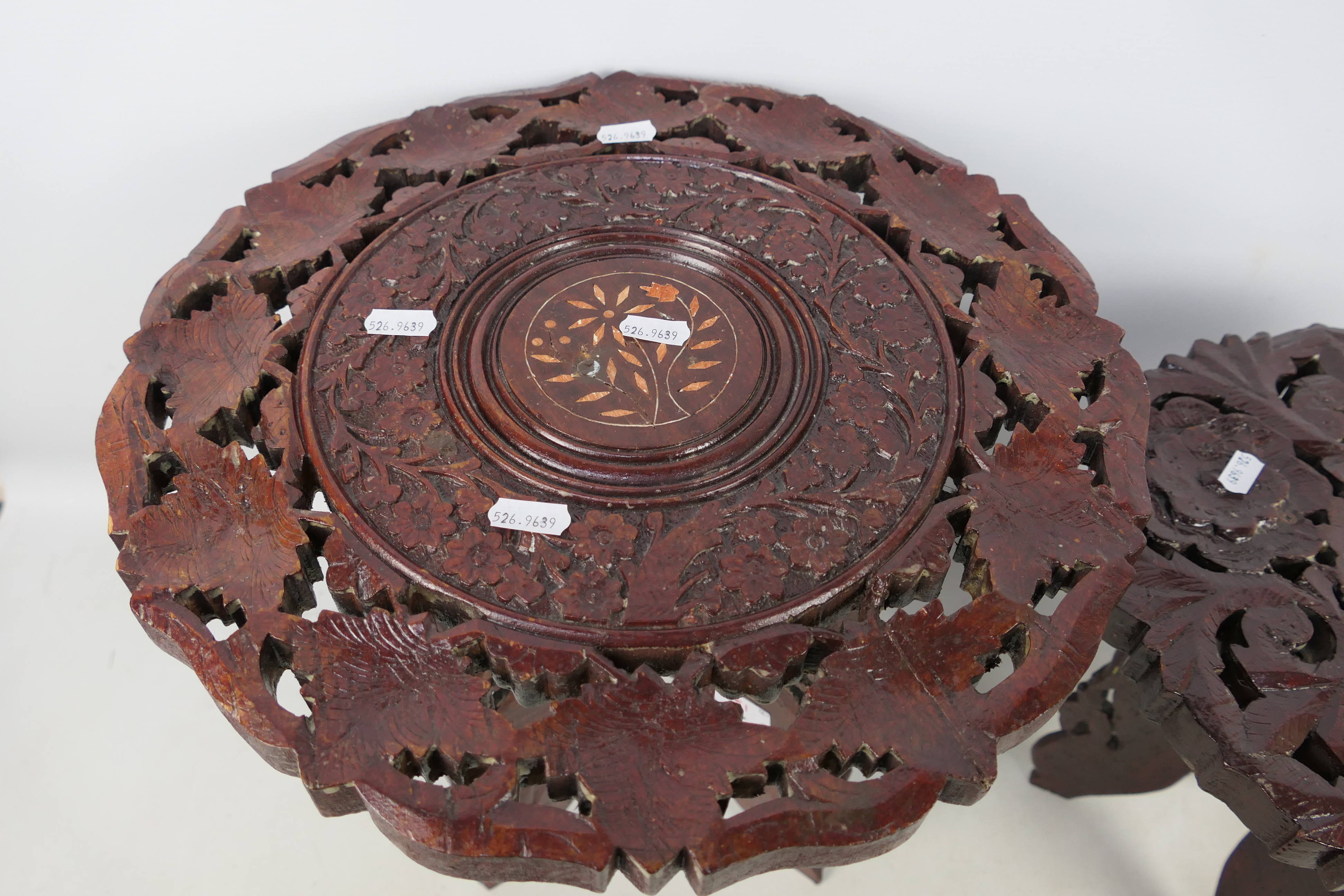 Two carved wood folding occasional tables, largest approximately 40 cm x 37 cm. - Image 2 of 3