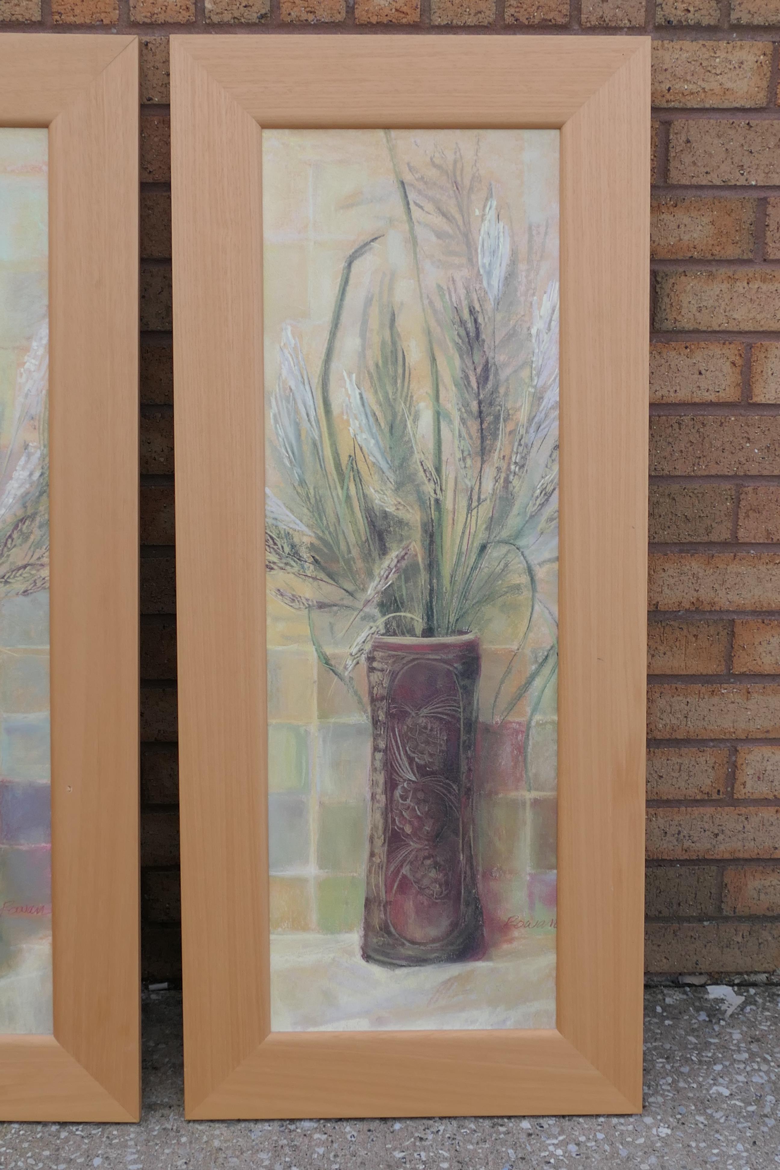 A set of two beech framed prints, each a floral still life, approximately 90 cm x 29 cm image size. - Image 3 of 5