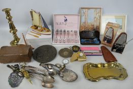 A mixed lot to include brass ware and plated, framed pictures, vintage darts, harmonica and other.