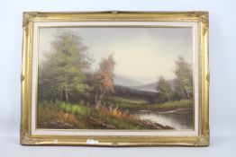 A large gilt framed oil on canvas depicting a river side scene, signed lower right P Barnett,