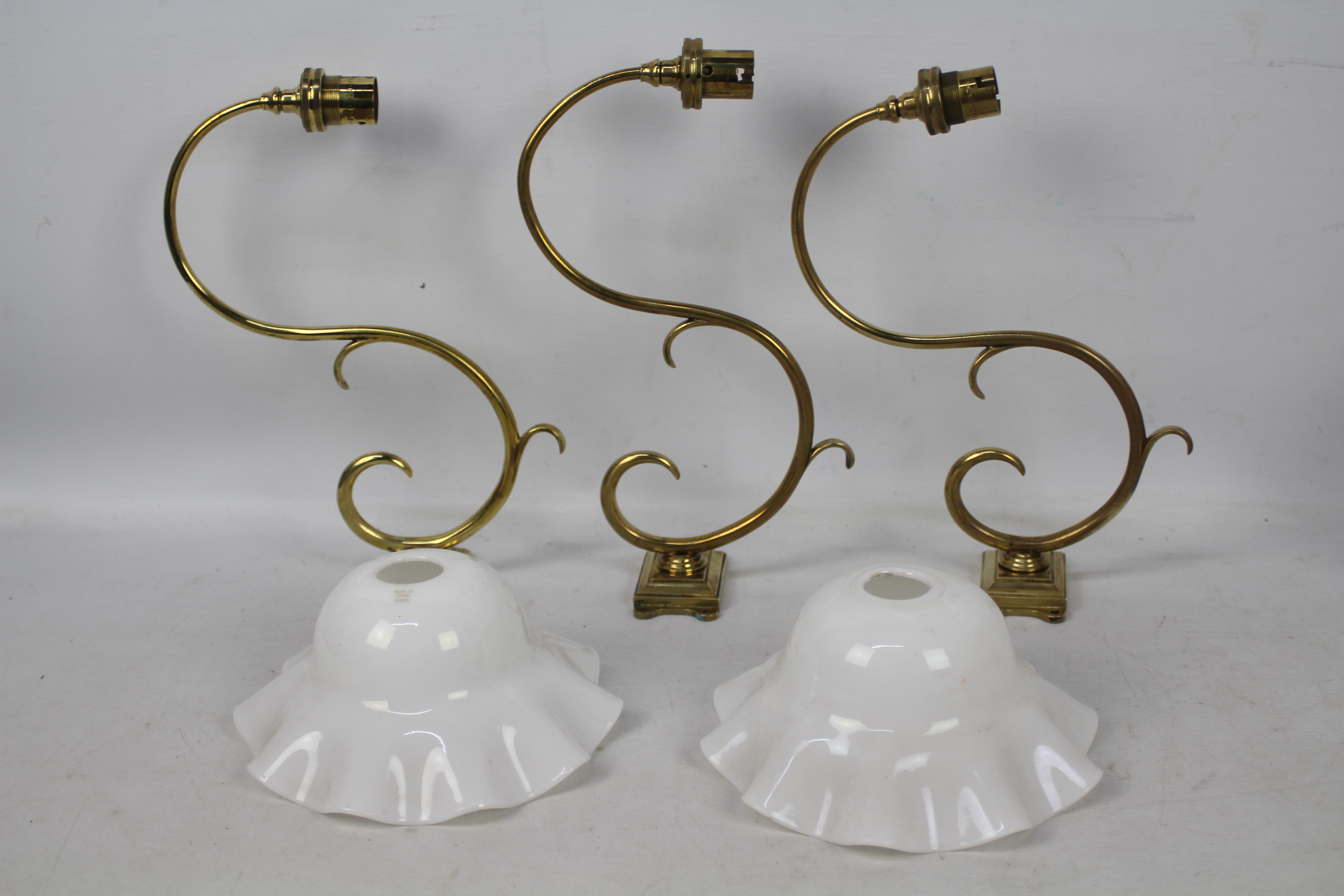 Three brass wall lights, two with milk glass shades, a Taktell Piccolo metronome, - Image 4 of 5