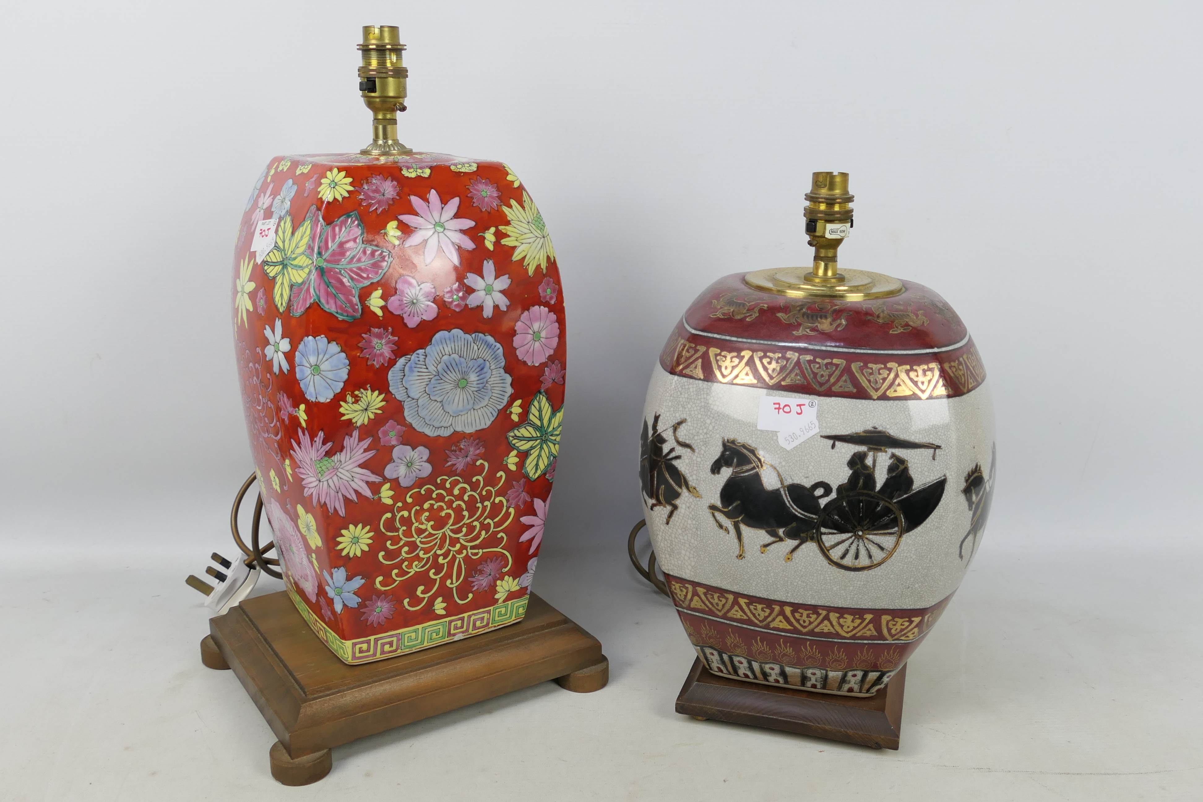 A Chinese vase and cover with floral decoration against a red ground,