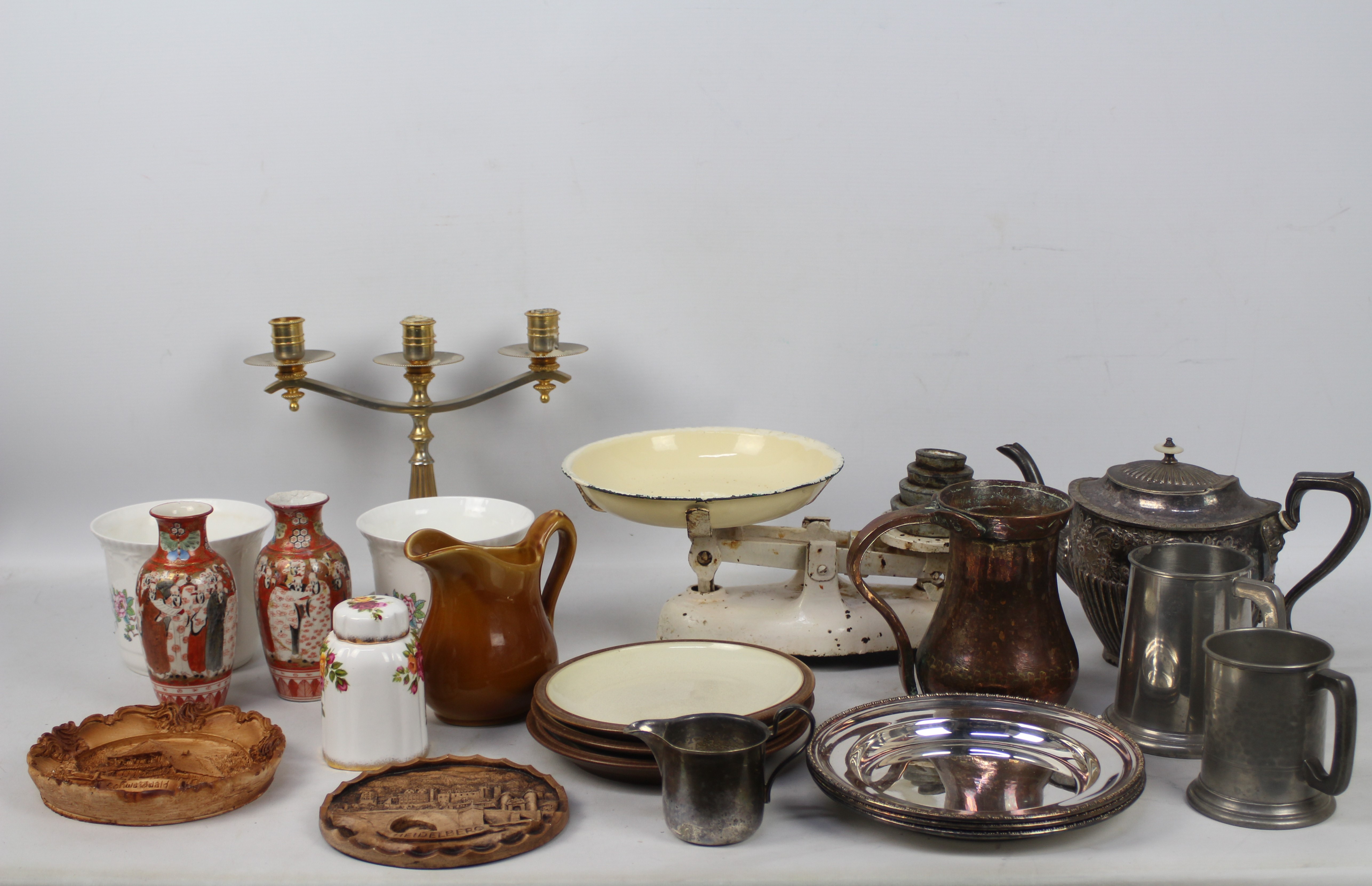 Lot to include plated ware, ceramics, copper jug, kitchen scales and similar.