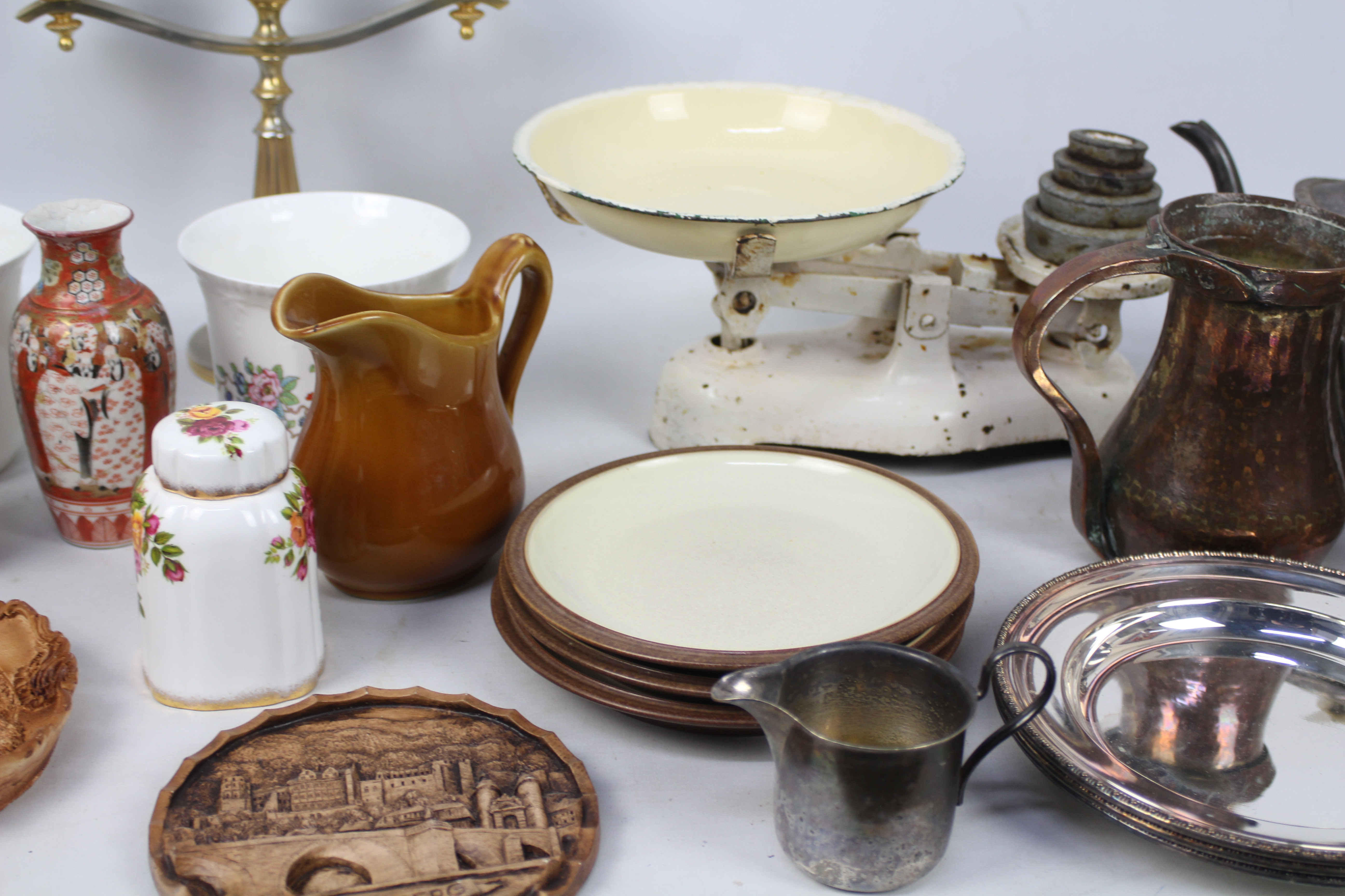 Lot to include plated ware, ceramics, copper jug, kitchen scales and similar. - Image 3 of 4