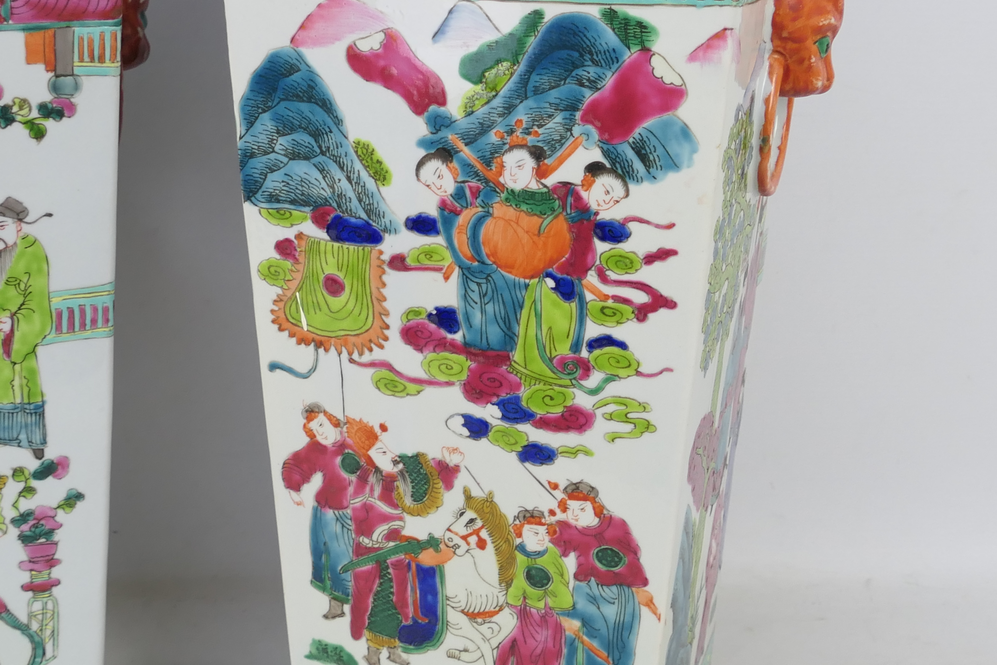 A large pair of famille rose square section vases decorated with panels of figures in court scenes - Image 8 of 12