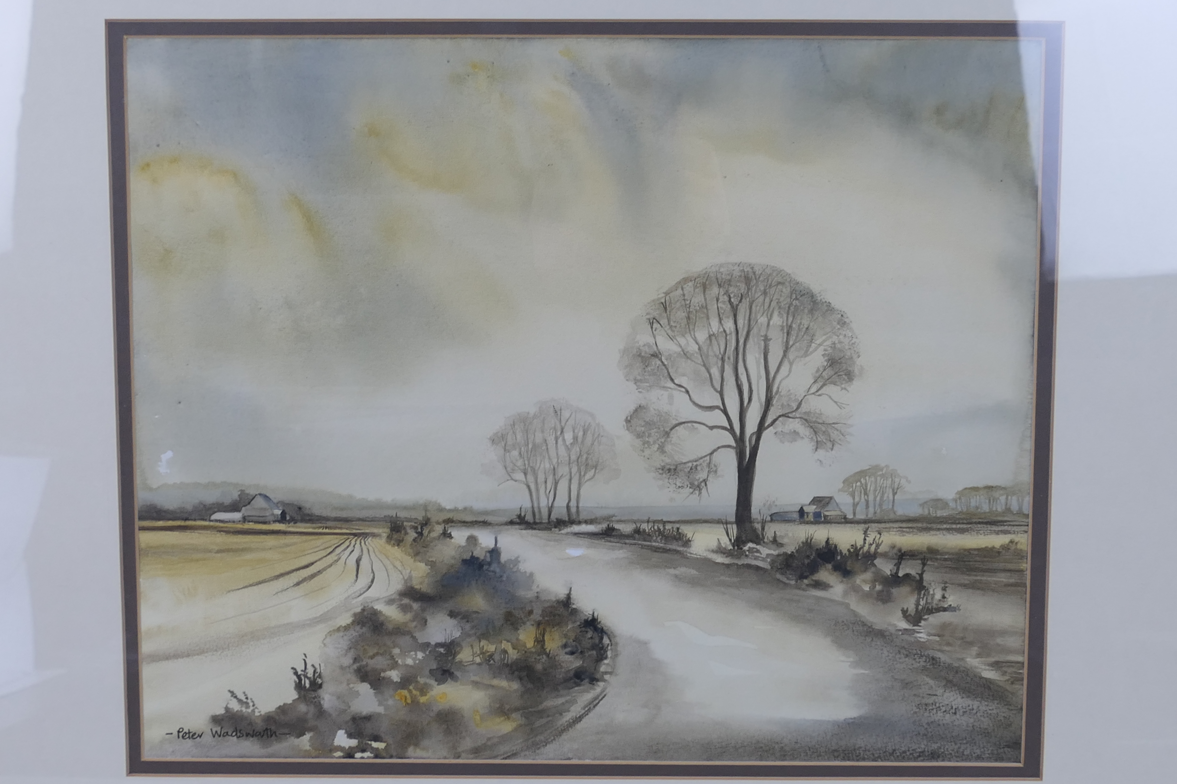 Lot to include a framed watercolour landscape scene signed lower left by the artist Peter Wadsworth - Image 2 of 6