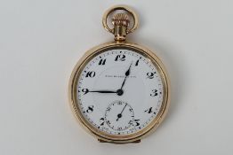 A gold plated open faced pocket watch, Arabic numerals to a white dial, subsidiary seconds dial,
