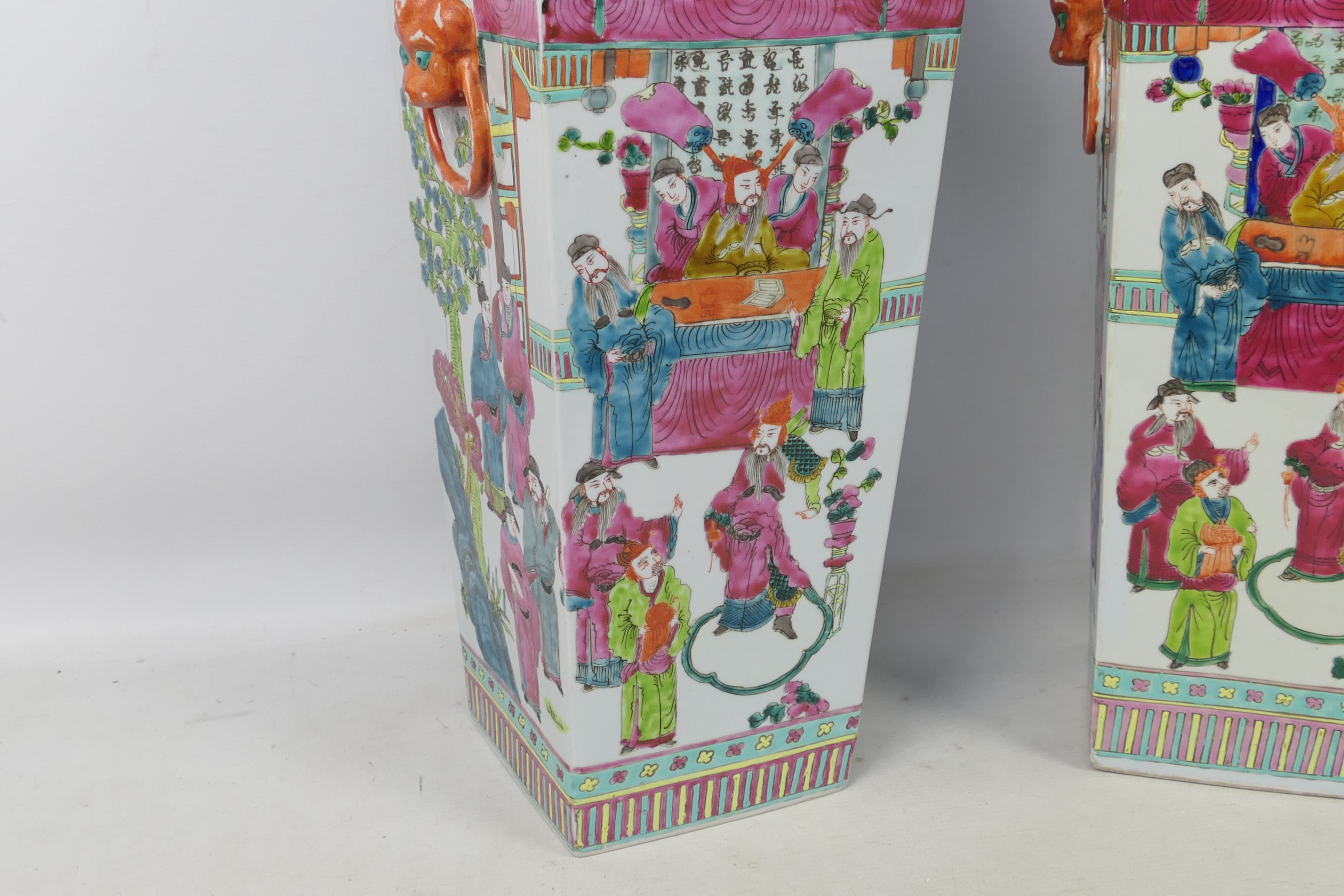 A large pair of famille rose square section vases decorated with panels of figures in court scenes - Image 3 of 12