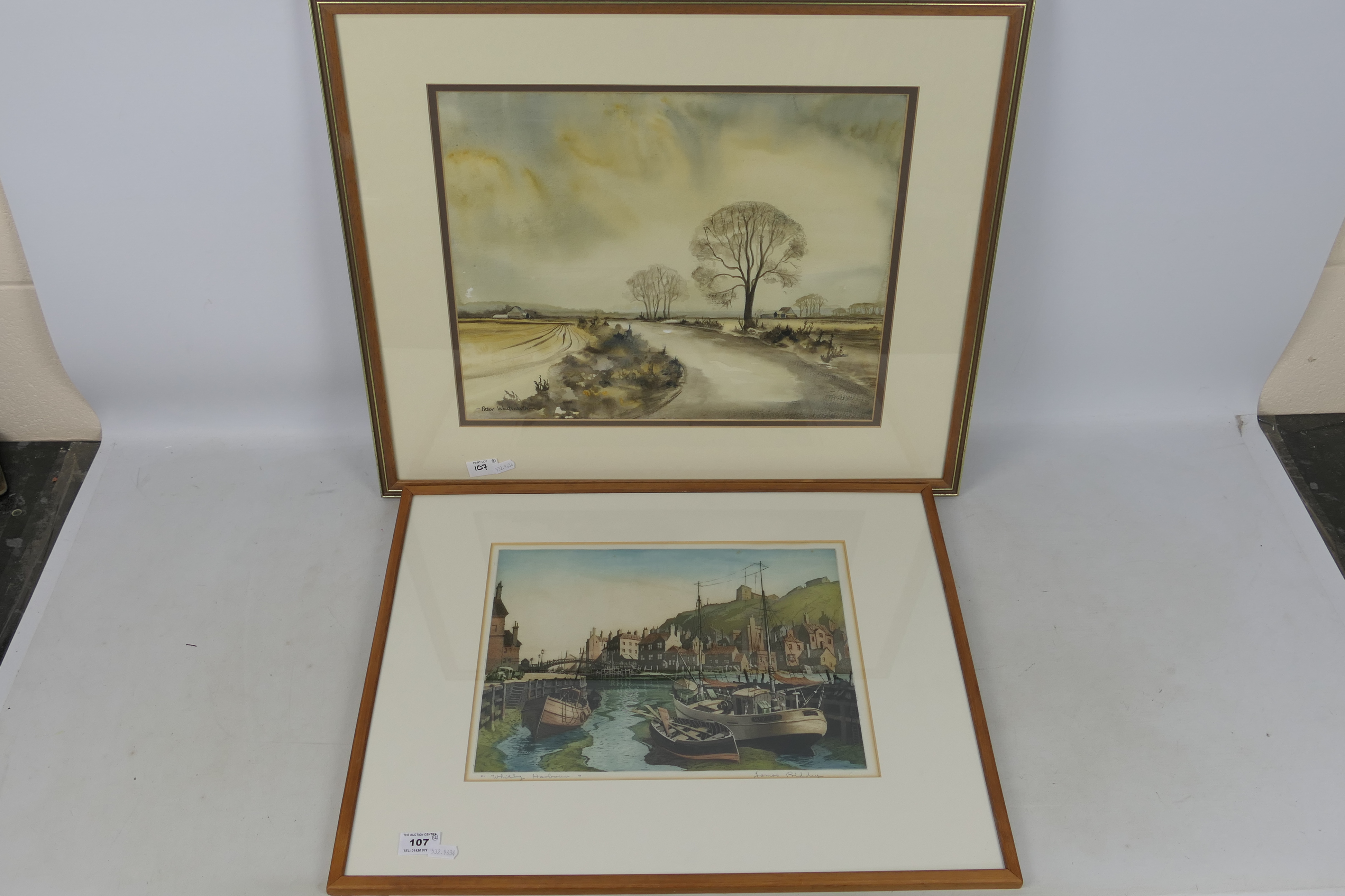 Lot to include a framed watercolour landscape scene signed lower left by the artist Peter Wadsworth