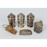 Silver Group - Lot to include mustard pot with blue glass liner and spoon, three pepperettes,