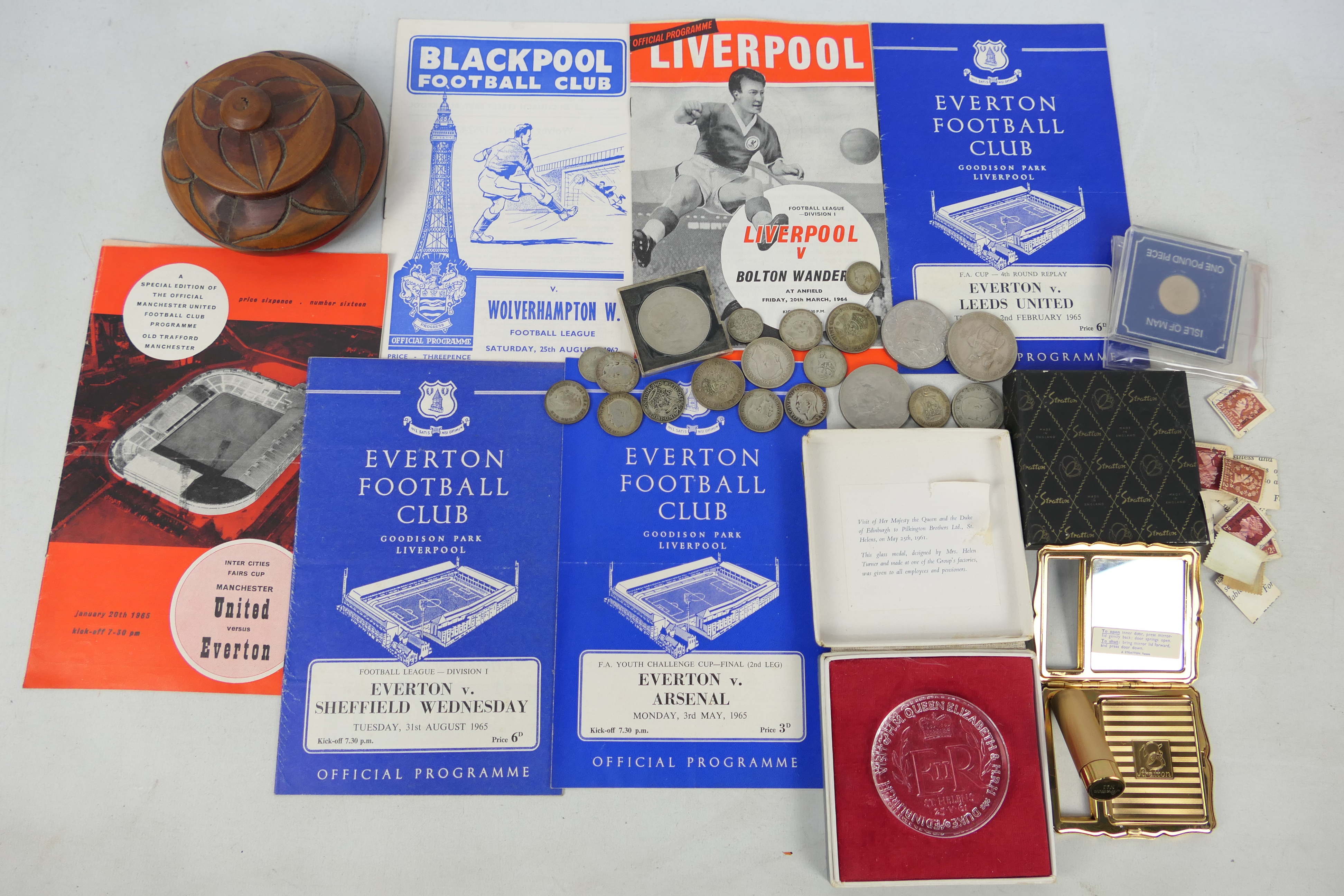 Lot to include football programmes, vintage powder compact,