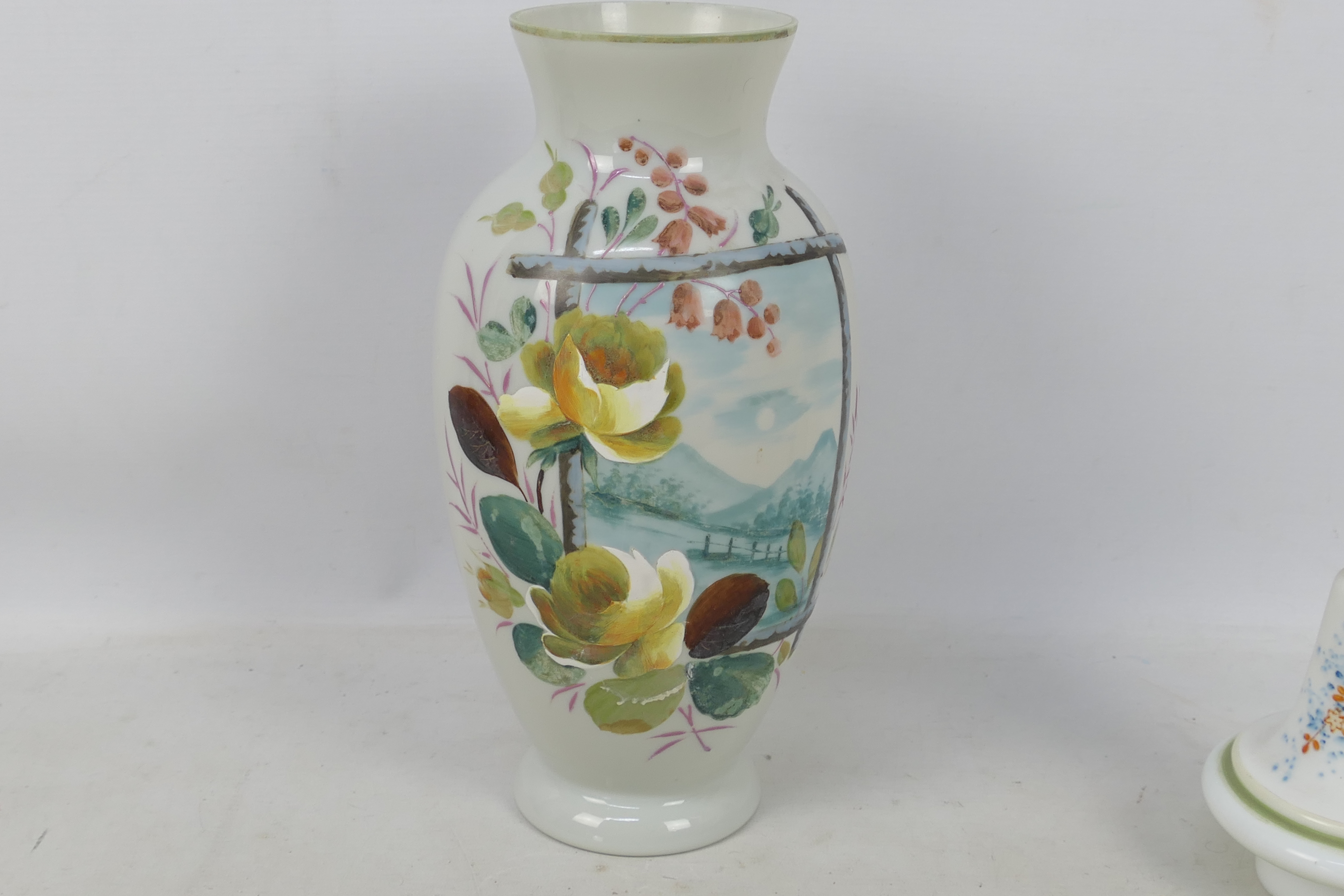 Two glass vases with hand painted decoration, one with a panel of putti with foliate surround, - Image 5 of 10