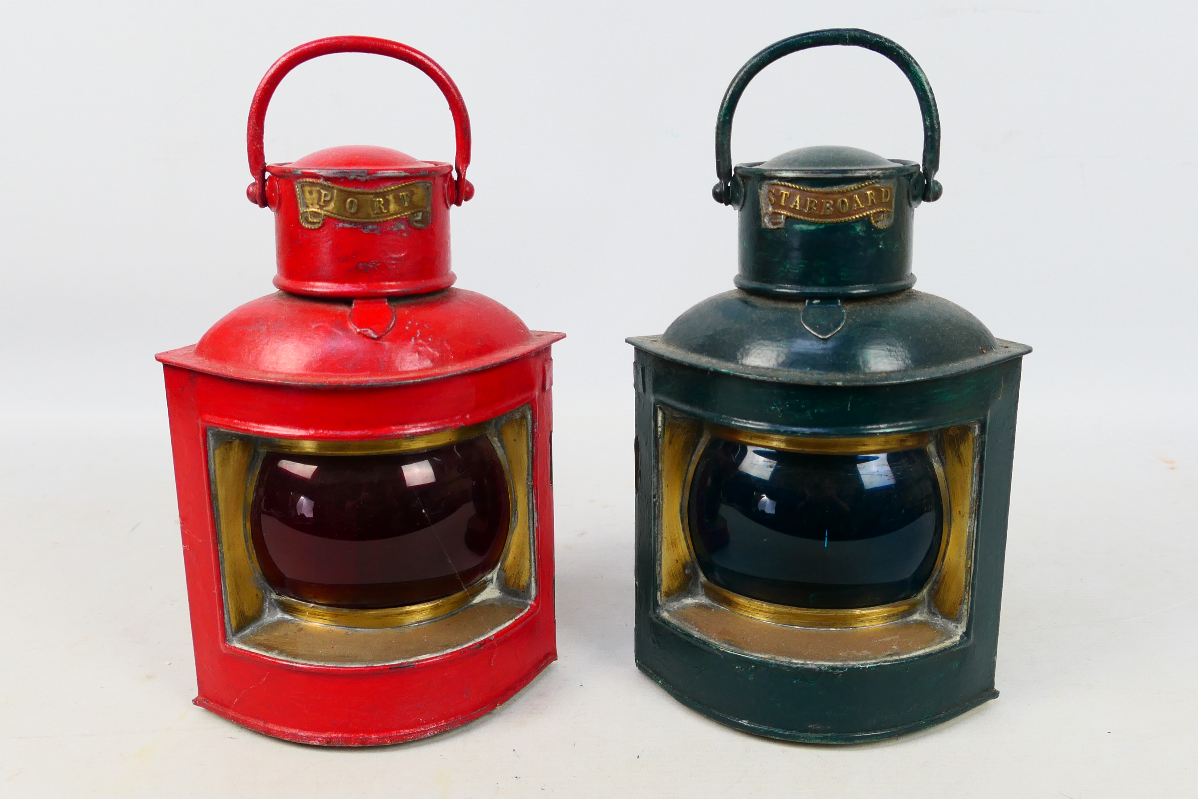 Two ships lights / lanterns, Port and Starboard, approximately 22 cm (h) not including handles.