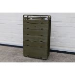 A vintage US Army metal medical cabinet having seven drawers, approximately 77 cm x 46 cm x 26 cm.