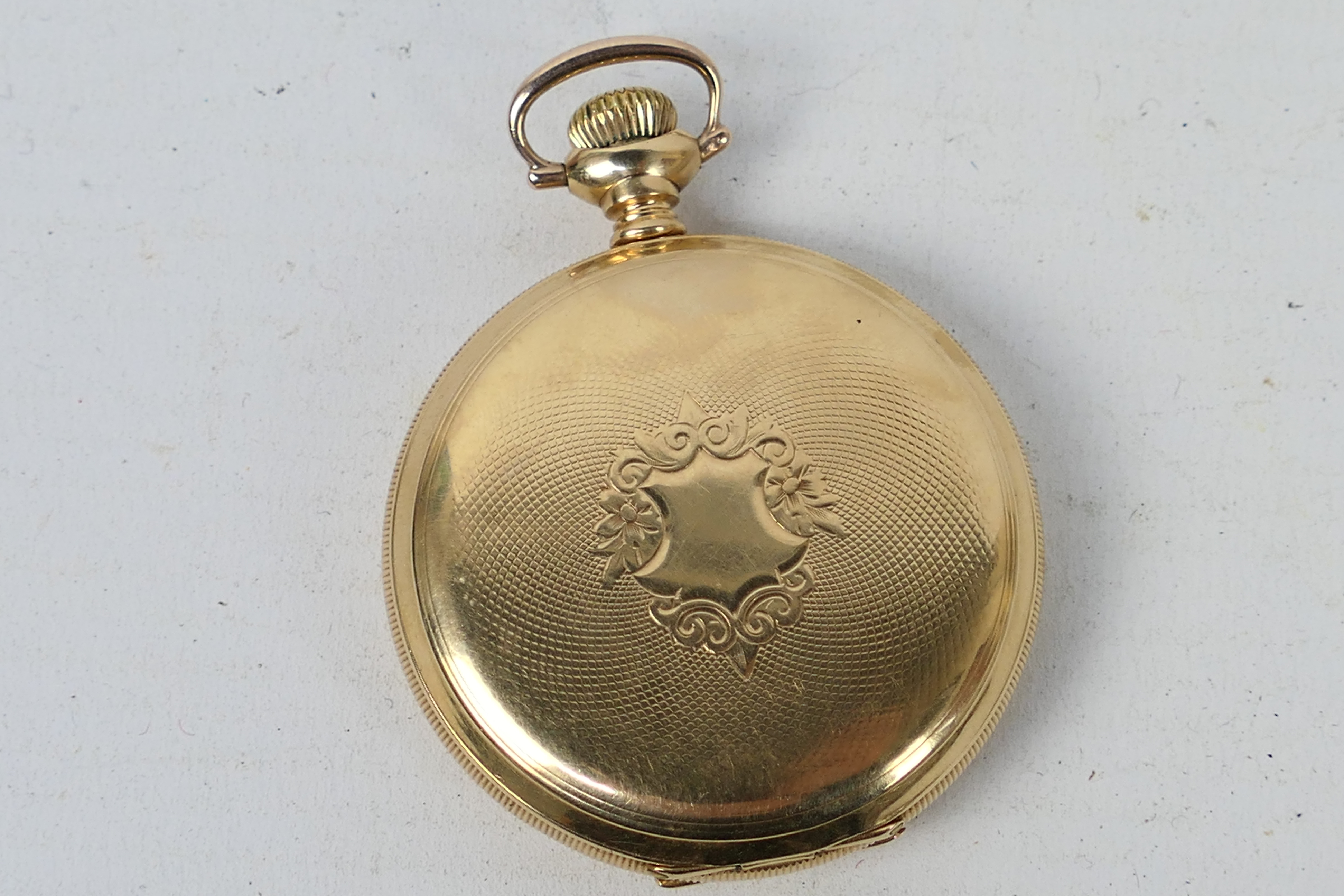 A mid-purity yellow metal cased pocket watch, the case stamped 14K, the dust cover stamped . - Image 4 of 9