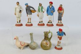 Six Krishnanagar clay figures, largest approximately 11 cm (h), bird figure and other.