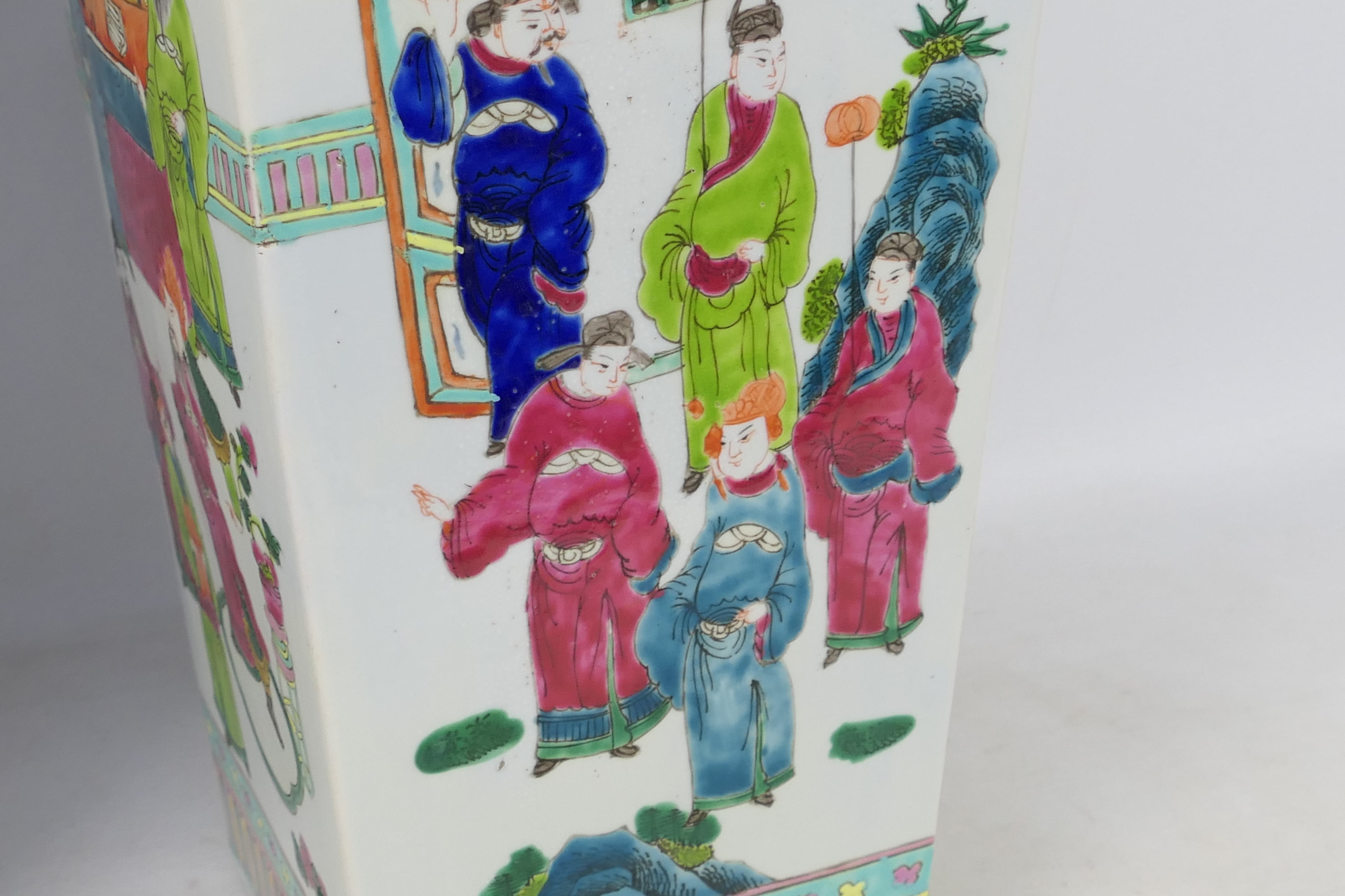 A large pair of famille rose square section vases decorated with panels of figures in court scenes - Image 7 of 12