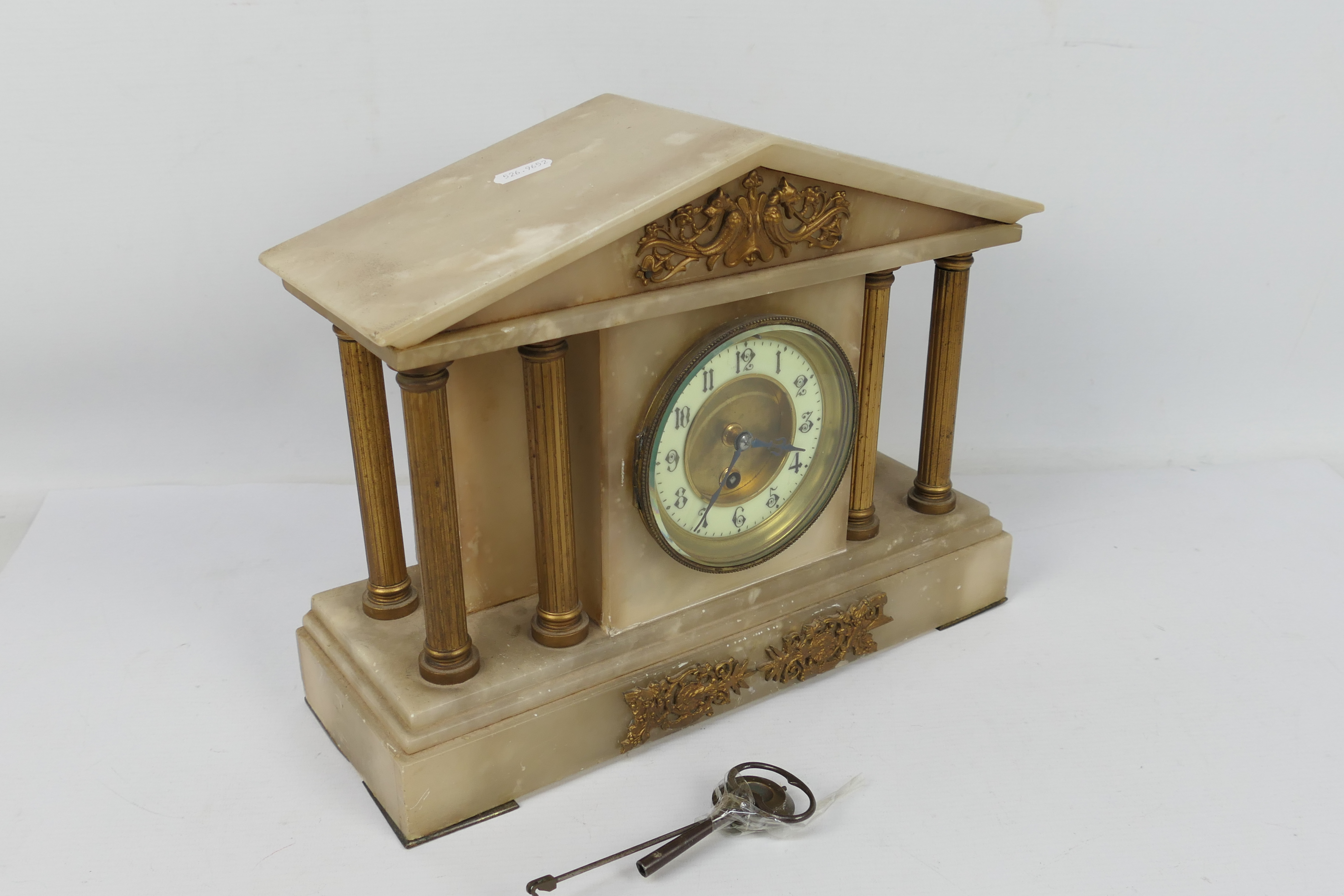 A mantel clock of architectural form, Arabic numerals to a white chapter ring, - Image 4 of 6