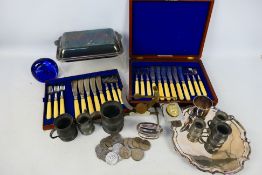 Lot to include plated ware, cased fish knives and forks, pewter, postal scales,