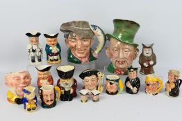 A quantity of character and Toby jugs, largest approximately 22 cm (h).