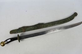 A liuyedau style sword with wood and brass hilt, 60 cm (l) blade, with scabbard, 75 cm (l) overall.