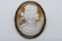 A yellow metal (presumed 9ct) mounted cameo brooch, 4 cm x 3.5 cm, approximately 8.5 grams all in.