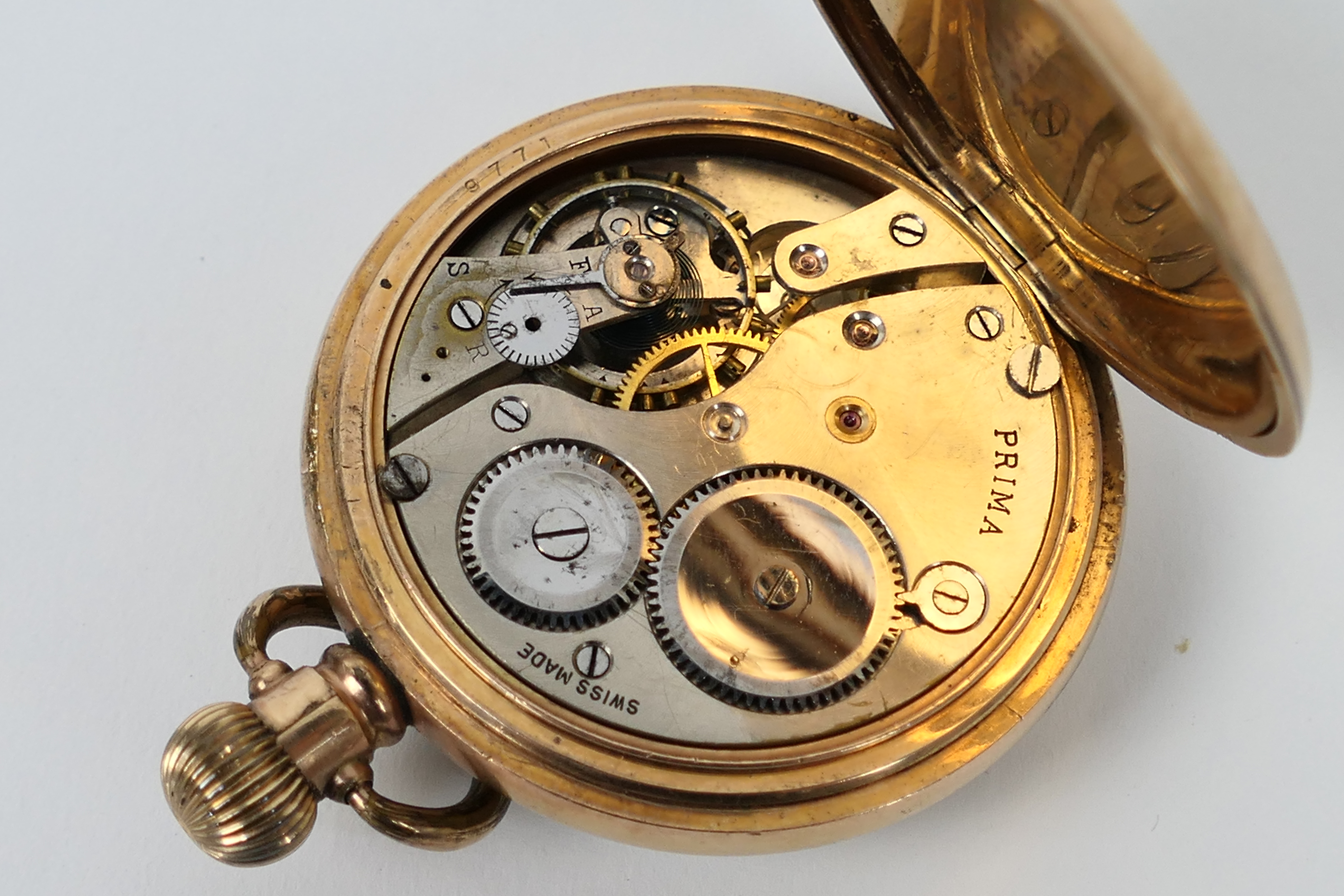 A Prima gold plated, open face pocket watch, the signed white dial with Arabic numerals, - Image 5 of 5