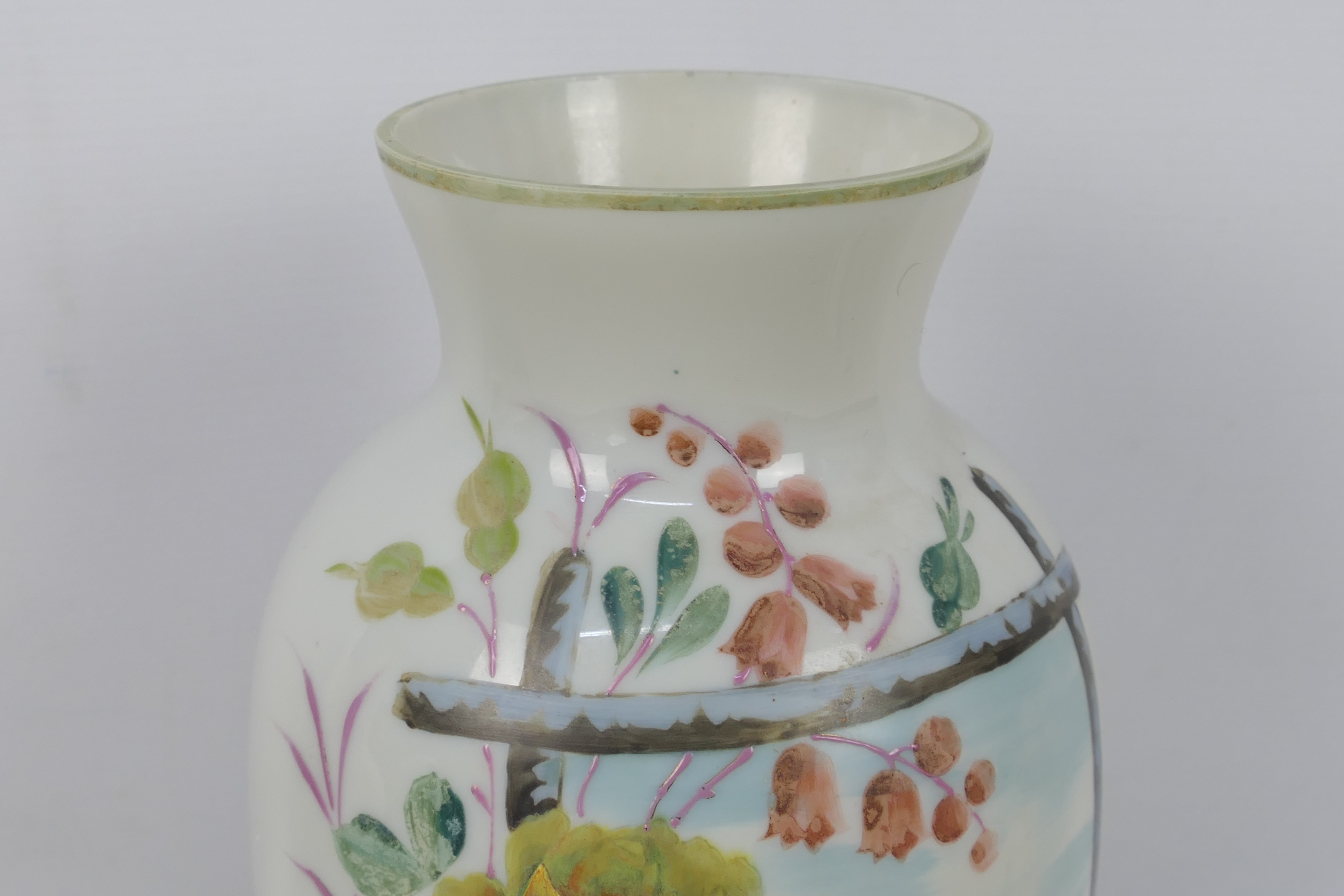 Two glass vases with hand painted decoration, one with a panel of putti with foliate surround, - Image 6 of 10