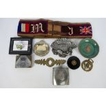 Military related souvenirs, commemoratives, RAF stamp, modern plated pocket watch and other.