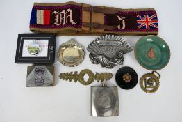 Military related souvenirs, commemoratives, RAF stamp, modern plated pocket watch and other.