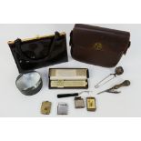 Vintage items to include handbags, cigarette lighters and vesta cases, slide rule and other.