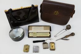 Vintage items to include handbags, cigarette lighters and vesta cases, slide rule and other.